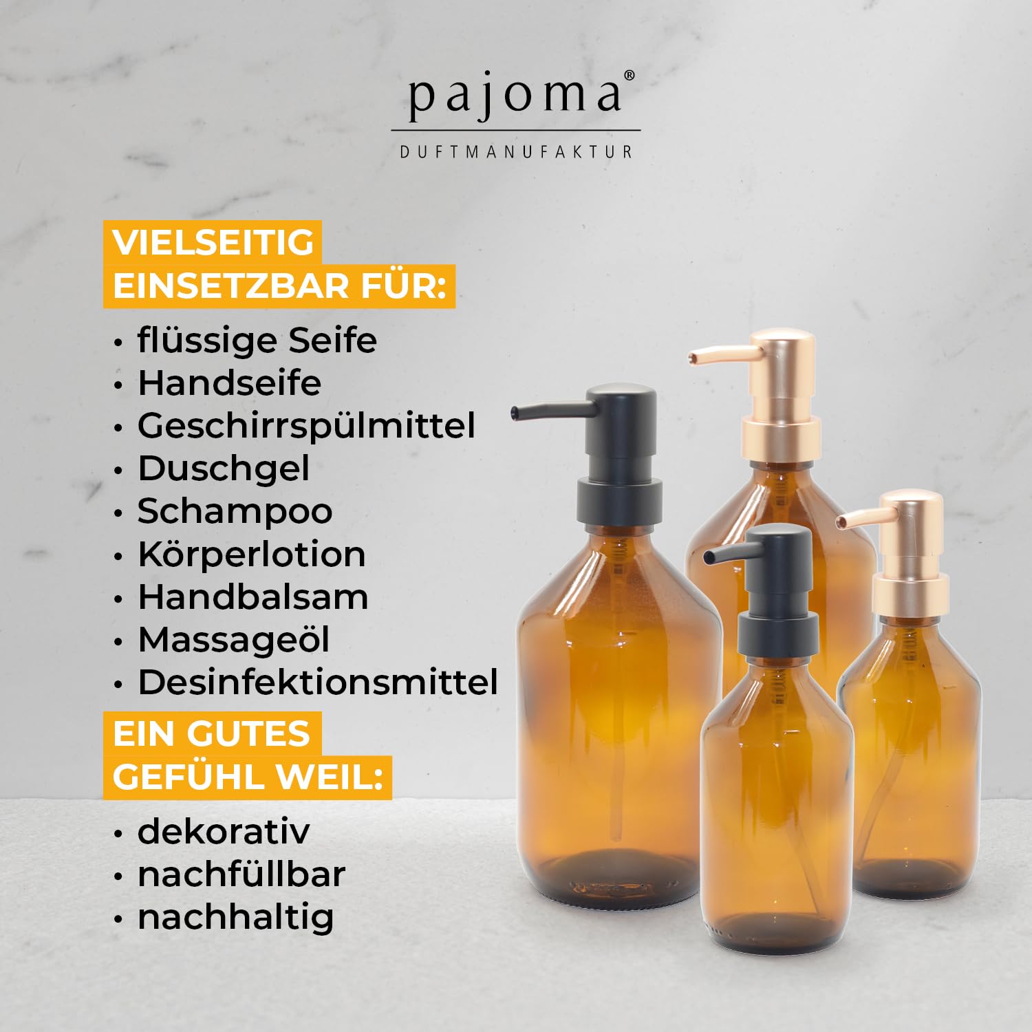 Pajoma 8X Seifenspender 500 ml aus Glas - Braunglasflasche | Ø 8.5 x 21 cm - mit schwarzem Pumpkopf | Stilvoller Spülmittelspender, Handseifenspender & Pumpspender - ideal für Küche, Bad und Dusche