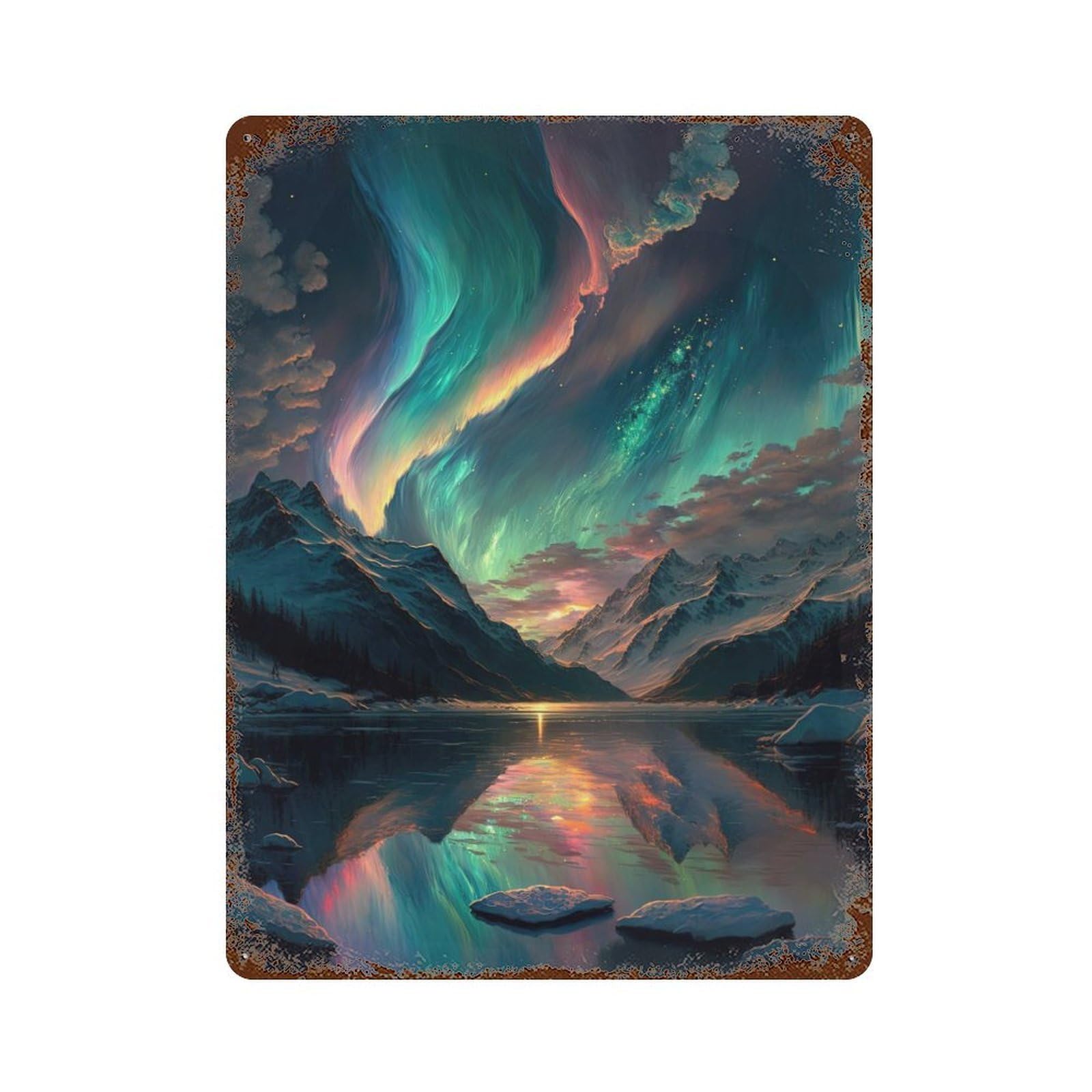 Rust Effect Colourful Aurora Borealis Rusty Metal Tin Sign 15.7"x11.8", Farmhouse Wall Decor for Shed, Workshop And Garage Wall Decor