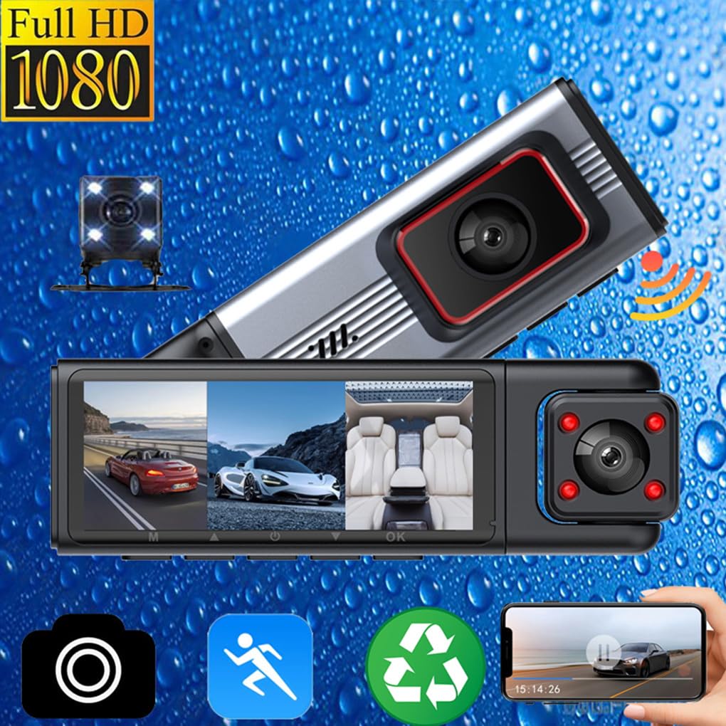 Telecamera interna anteriore e posteriore 1080P Registrazione HD per auto 3 telecamere Dash Cam Registrazione in loop Supporto APP per telefono Wi-Fi Schermo diviso