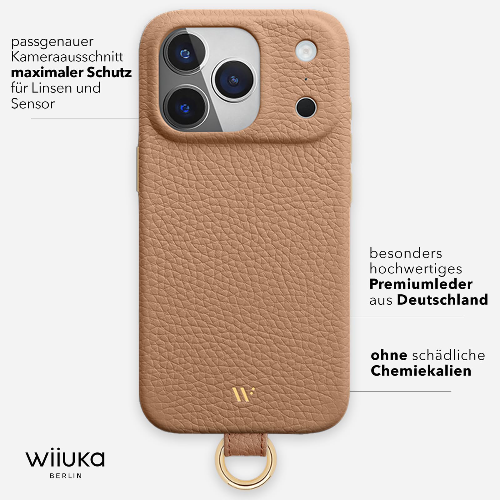 WIIUKA Funda para iPhone 17 Pro Max, piel de Alemania, funda de piel para teléfono móvil, funda para teléfono móvil, funda para teléfono móvil, funda de cadena, correa de cuello, lazo de esquí, marrón