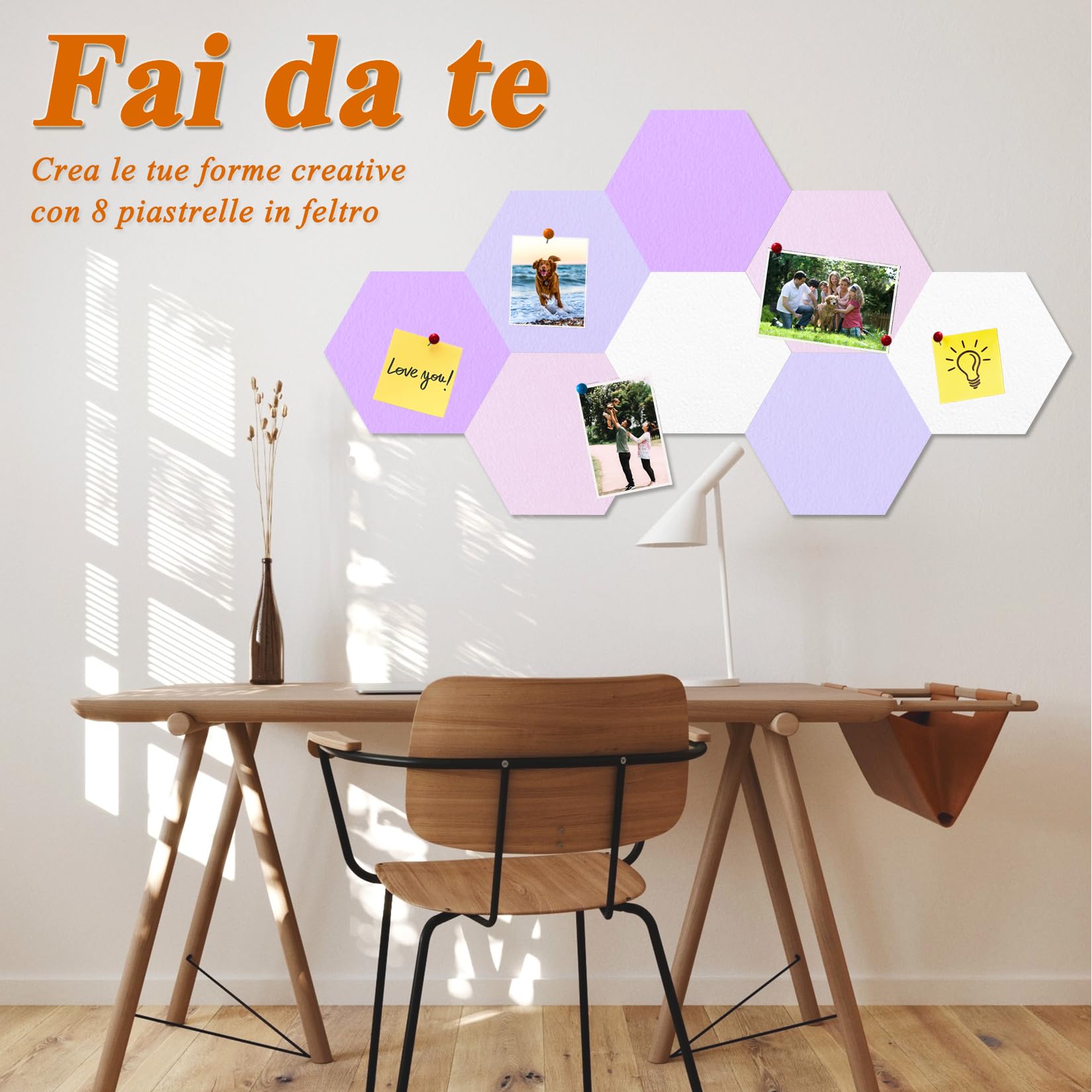 8 Piastrelle Da Parete Esagonali In Feltro – Bacheca Fai-Da-Te Con Adesivo, Colori Misti (Set E, Medio) - 3