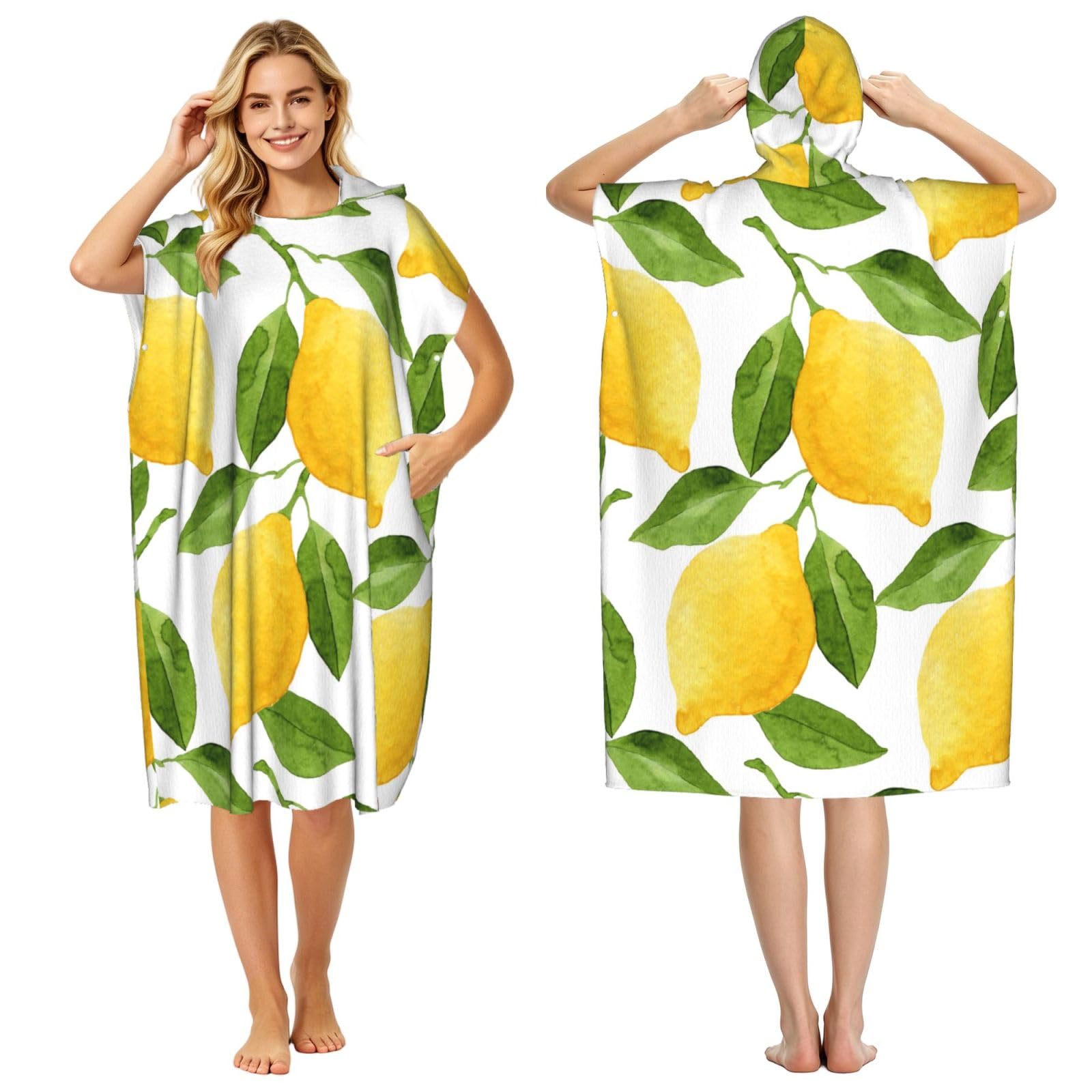 Poadnly Lemon Leaf, Adult Hooded Beach Towel 90 x 110 cm,Changing Bath Robe, Surf Poncho Towel For Women Men