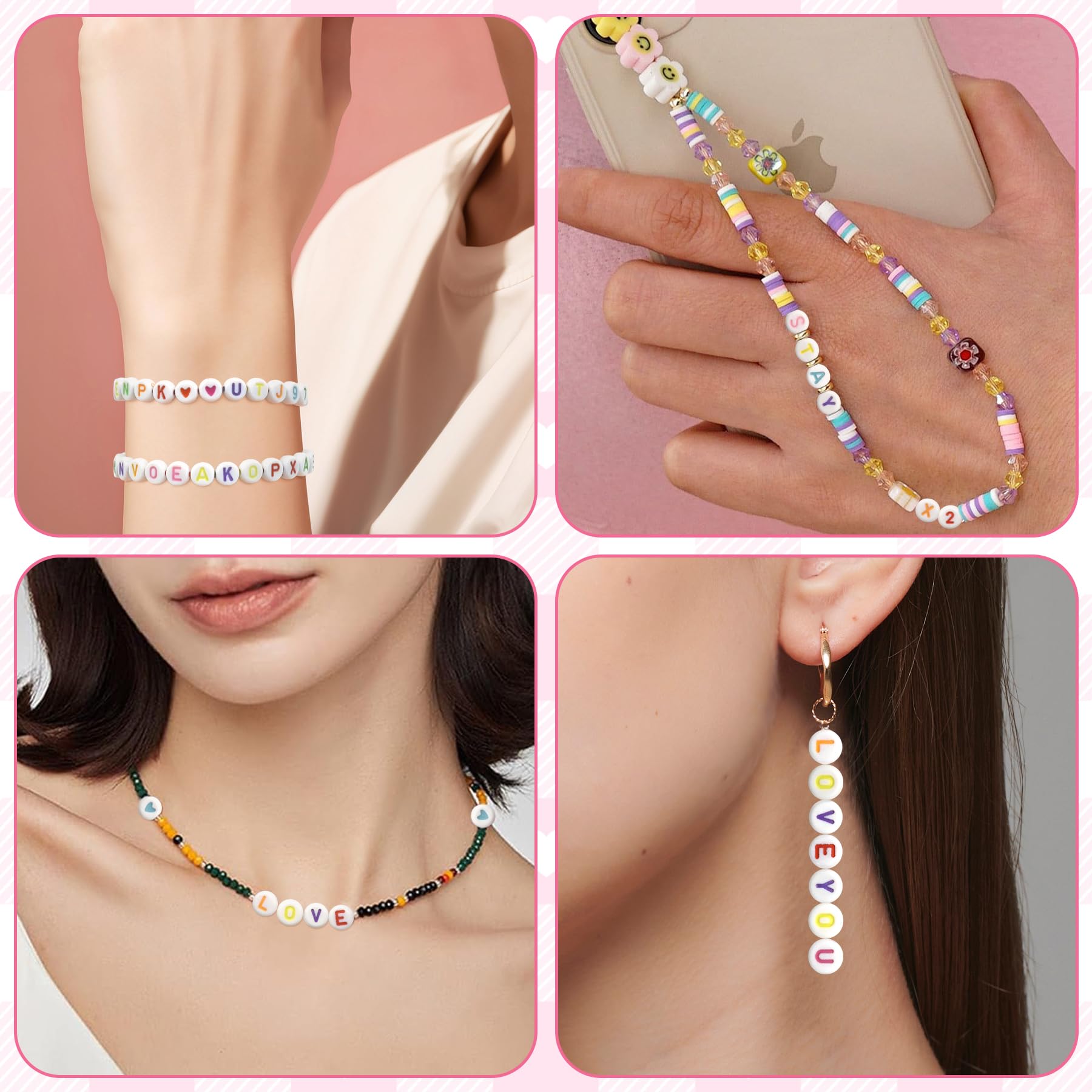 Perline per Braccialetti 1200 pezzi 7x4 mm A-Z Colorate Lettere Cuore Numeri Gioielli Fai da Te