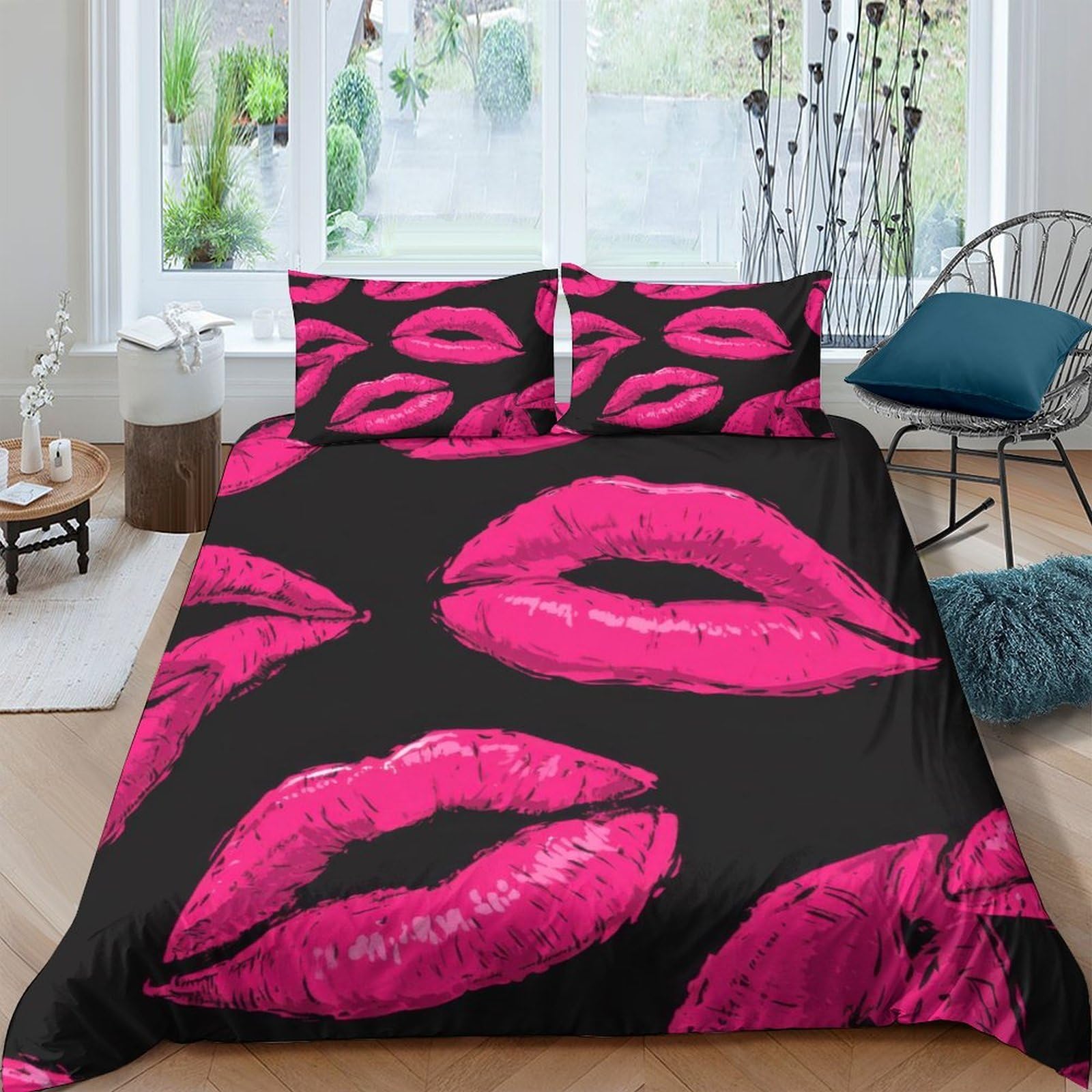 Ctjqhvkz Style-4 3D Printed Pink Lips Fitted Sheet Microfiber Soft Bedroom Decor Kiss Pattern Bed Cover For Home Guest Room Single（135X200cm）