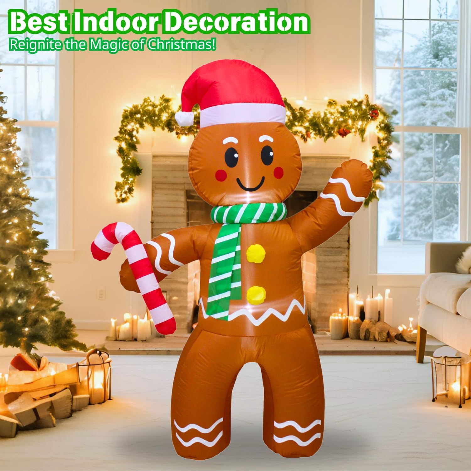 PTS 5FT Inflatable Gingerbread Man Outdoor Decoration, Christmas Blow Up Yard Decorations, Built-in LED Lights Inflatables Xmas Holiday Funny Decor for Indoor Lawn Garden - Image 3