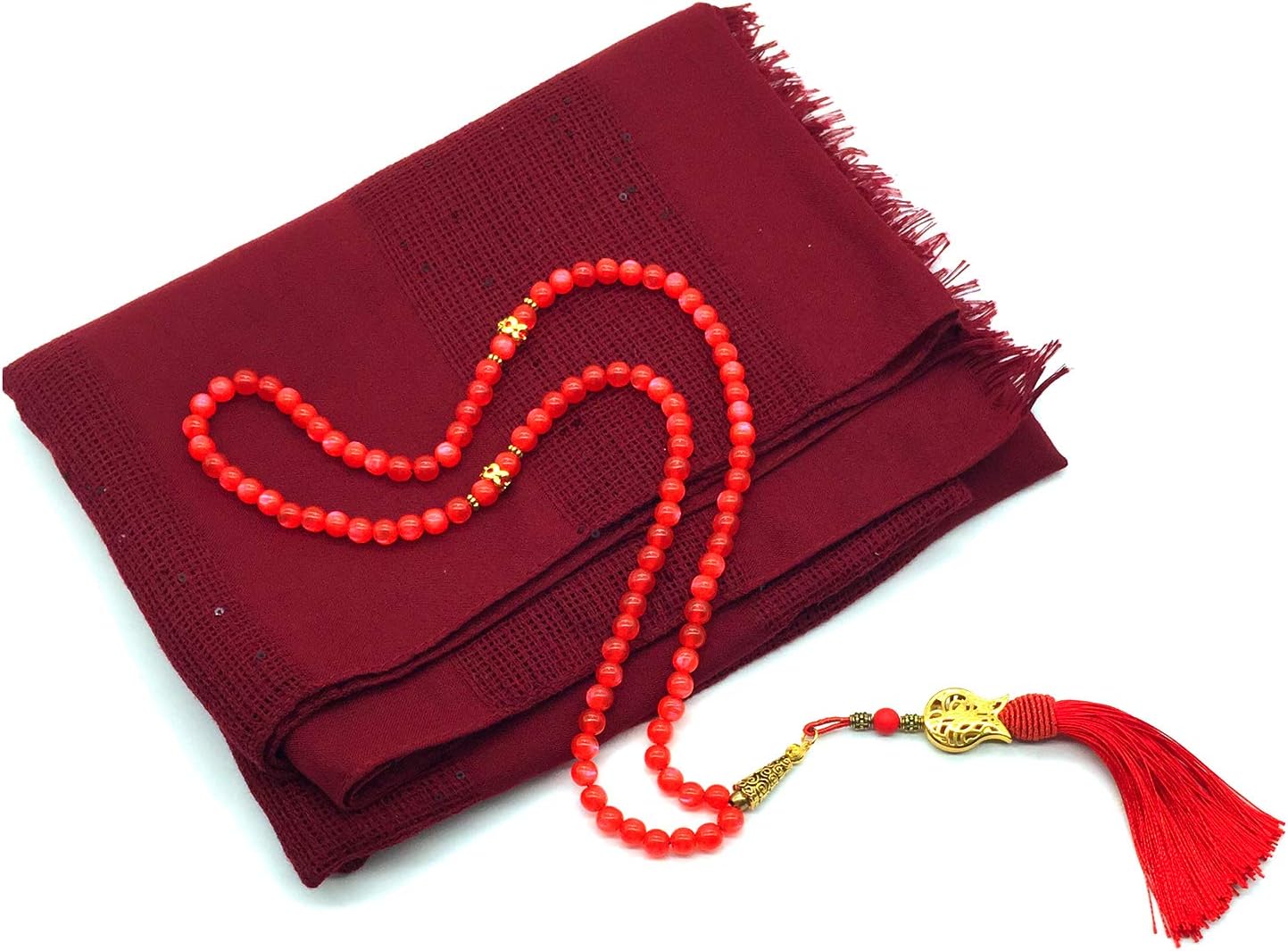 -99 Beads with Scarf -Prayer Beads-Worry Beads-Tesbih-Tasbih-Tasbeeh-Misbaha-Subha-Sibha-Rosary (Bordeaux Shawl & Red Cat Eye Imitation Resin -8mm- Beads)