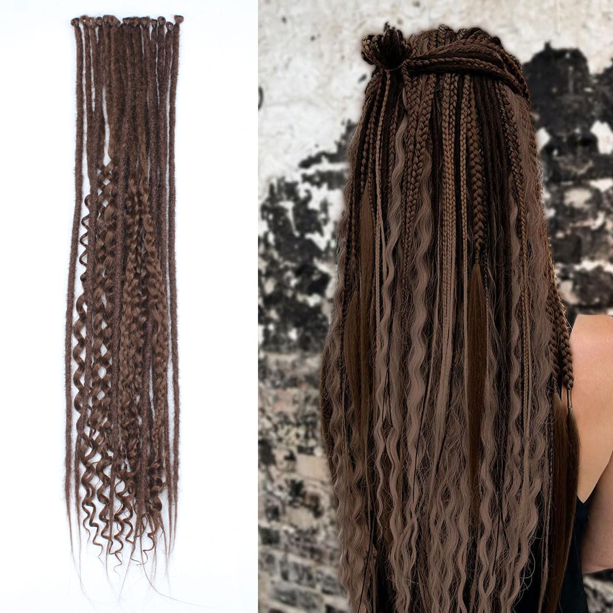 KRALER 24 Inch Mixed SE Dreadlock Extensions Sets, 3 in 1 20 Strands Synthetic Single Ended Dreads Extensions, Chocolate Brown Hippie Dreads Style for