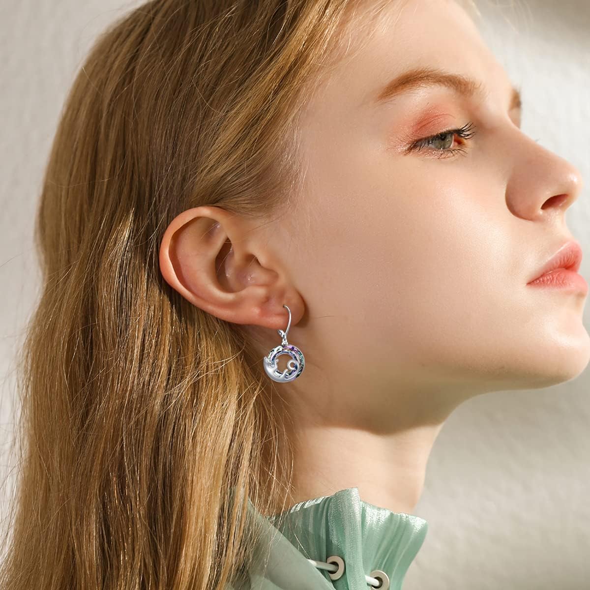 Cat Earrings Sterling Silver Dangle Drop Leverback Earrings with Color-change Circle Crystal, Cat Jewelry Gifts for Cat Lovers