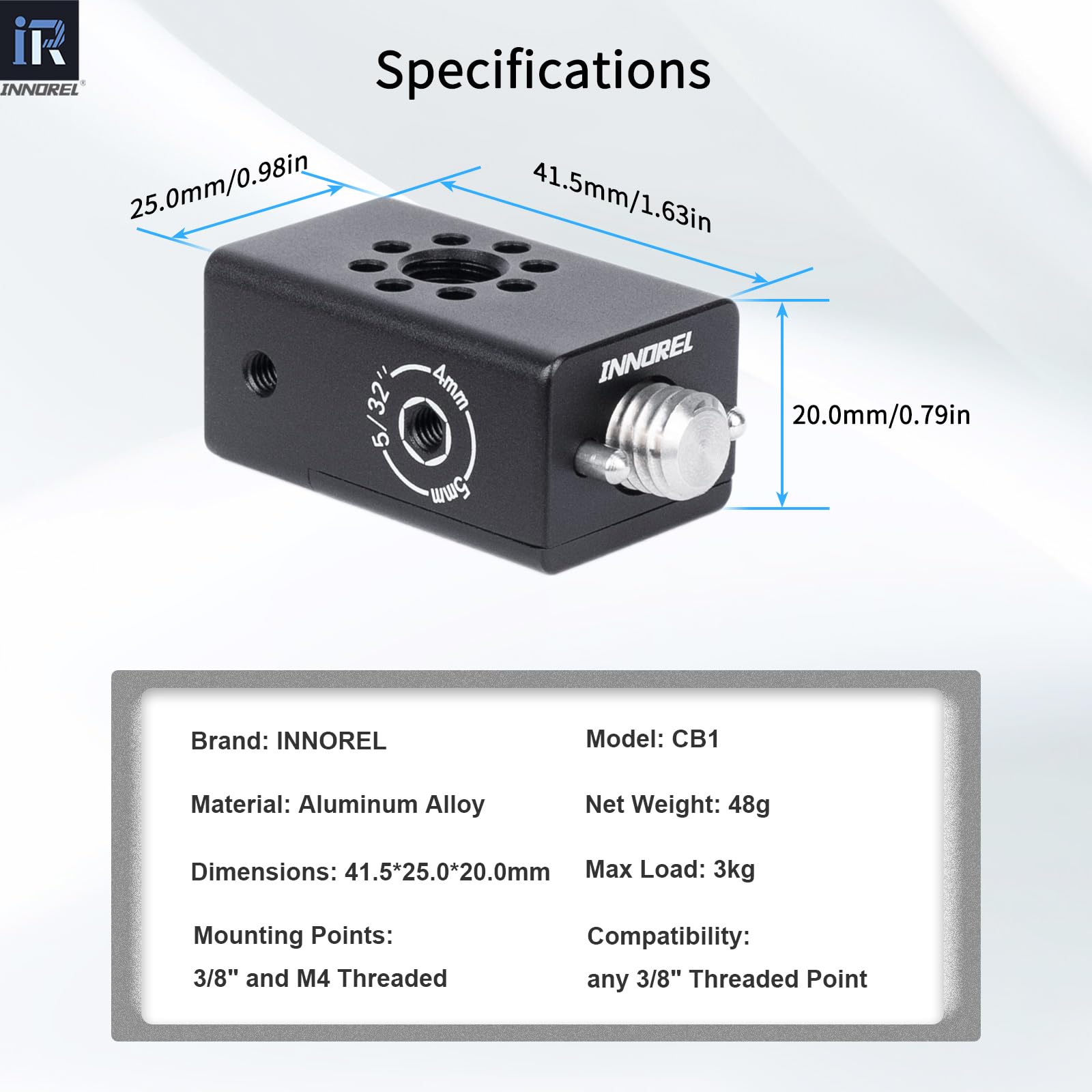 INNOREL CB1 Maniglia multifunzione in lega di alluminio CNC per videocamera,con fori di posizionamento Arri da 3/8" per telai di gabbie per videocamere, attrezzature video fai da te