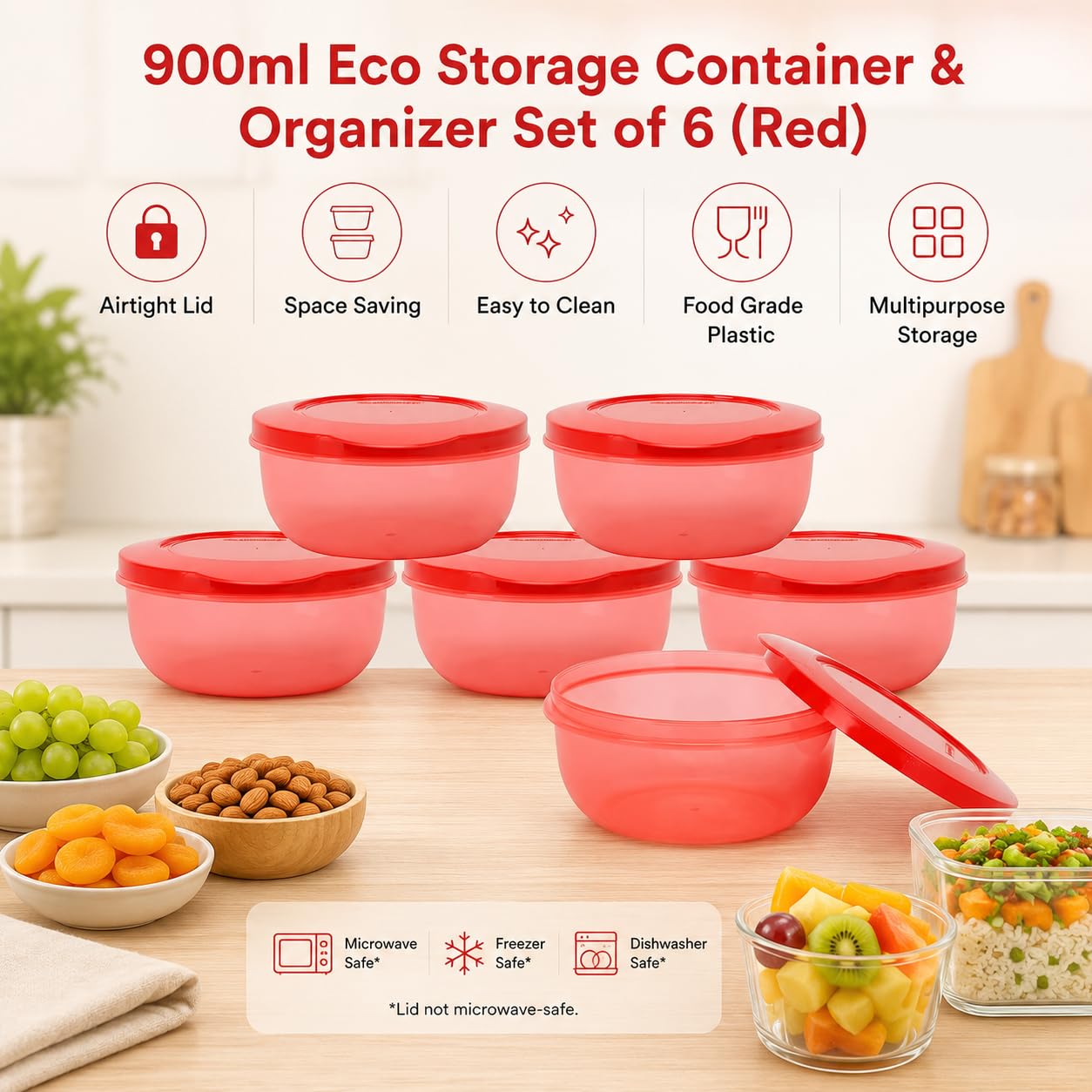 Cutting EDGE Eco-Storage - Juego de 6 recipientes de plástico para cocina y refrigerador, color rojo, 900 ml