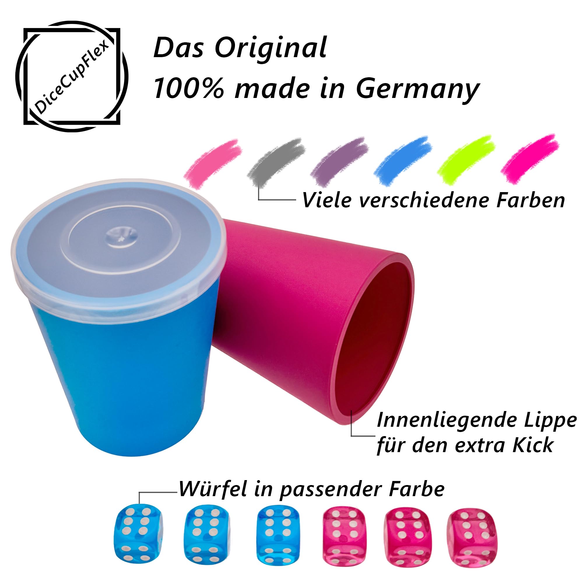 Flexibler Würfelbecher mit Deckel inkl. 5 Würfel und Würfelblock, Spielblock - Made in Germany (Blau)