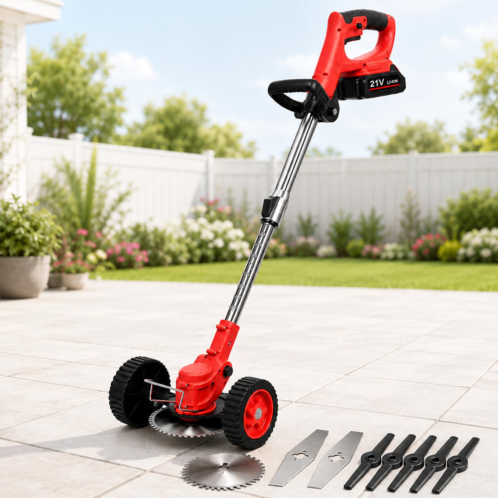 Wianqian Red Cordless Weed Eater 21V, 180W Lawn Edger With Metal And Plastic Blades -15-Cellbattery