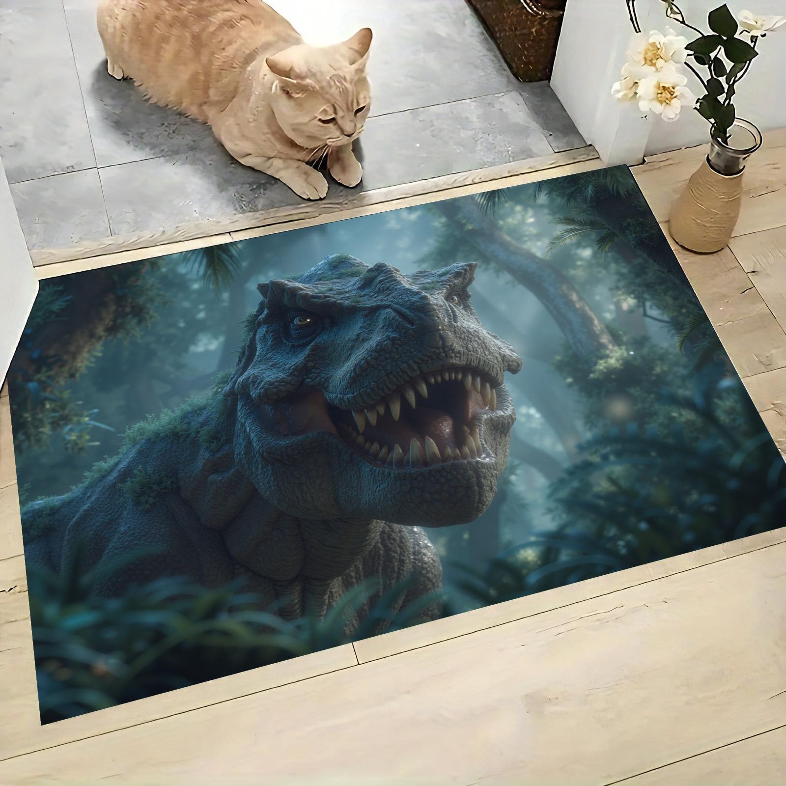 Tapis dinosaures 90x150cm vert foncé antidérapant