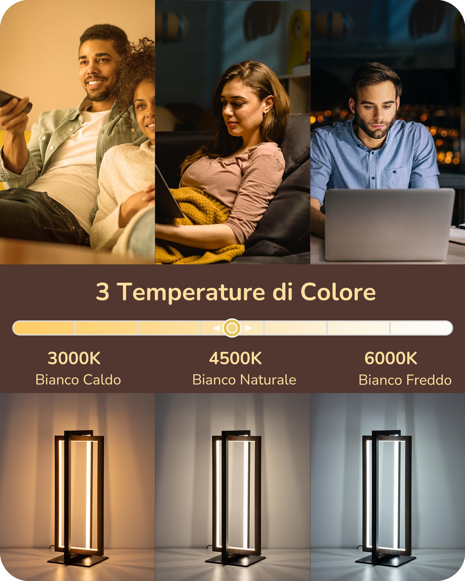 EDISHINE Lampada da comodino LED touch dimmerabile, moderna lampada da tavolo in legno noce, 3 temperature di colore, per camera da letto, soggiorno, ufficio, scrivania, regalo