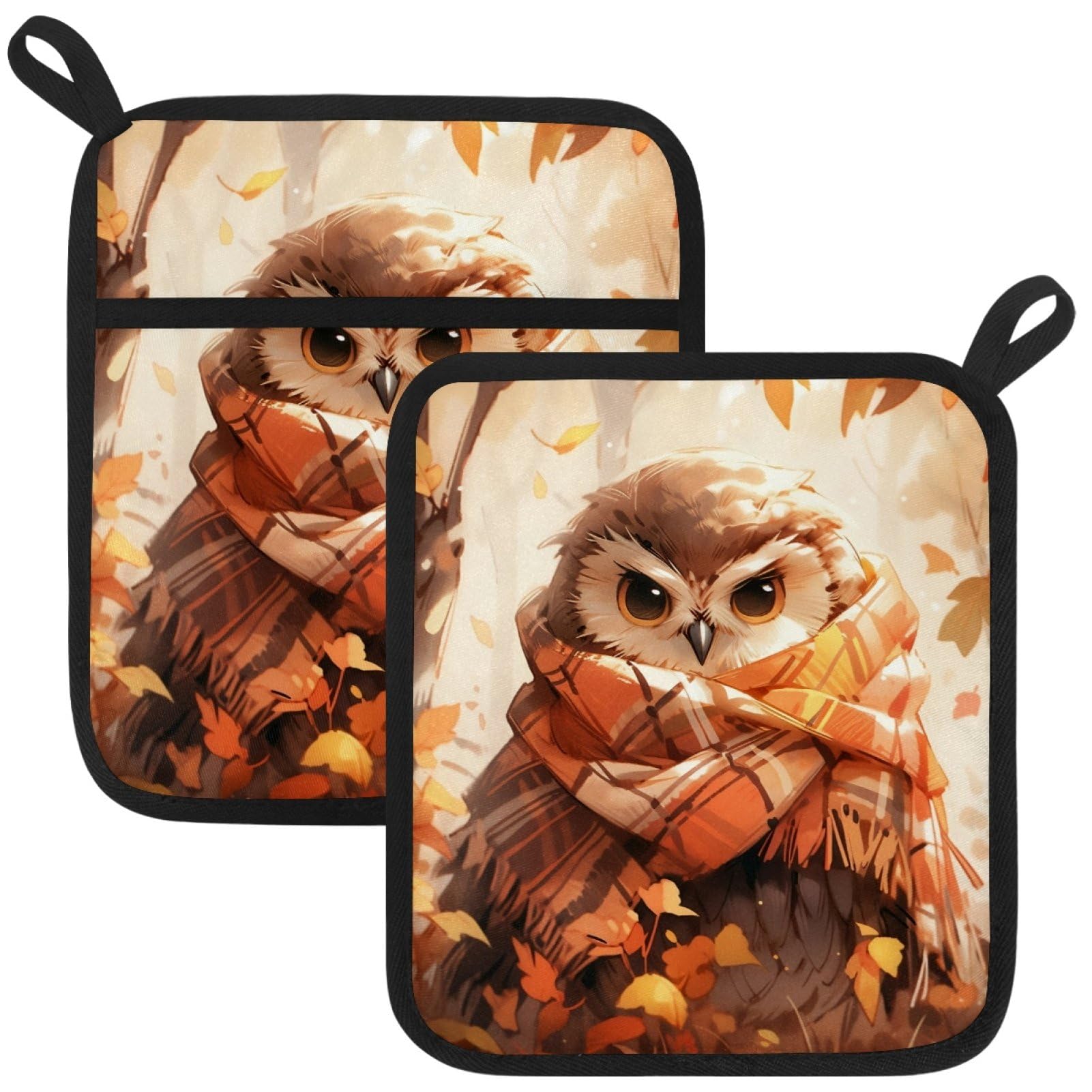 VAPOKF Autumn owl Pot Holders with Pocket for Kitchen Heat Resistant Potholders Large Polyester-Cotton Square Oven Mitts Set