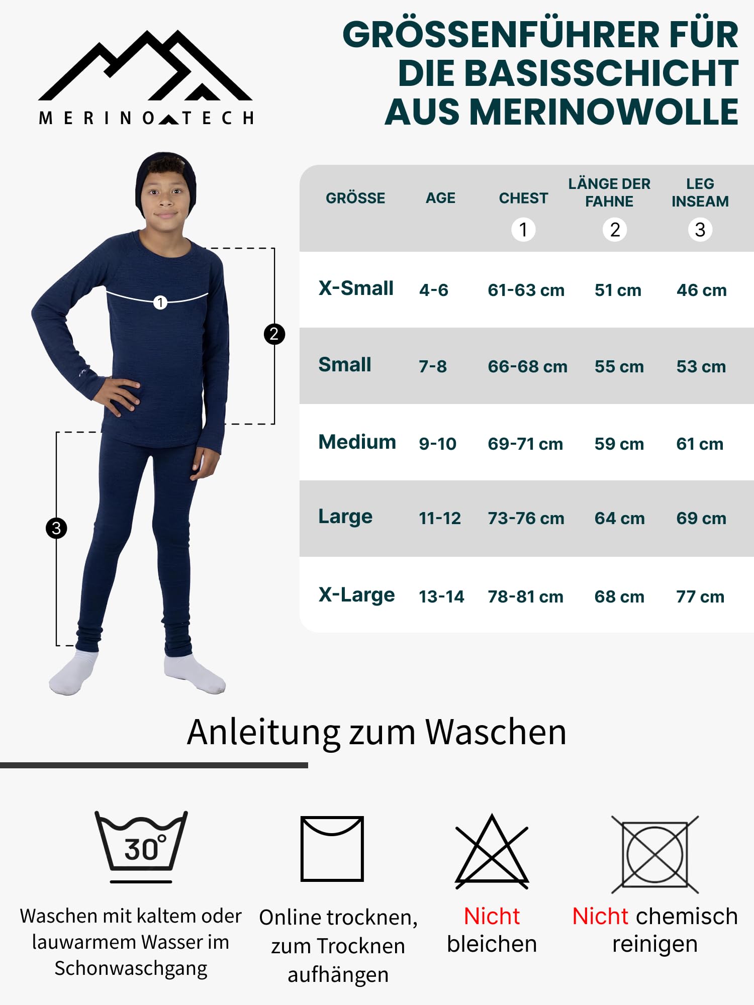 Merino.tech 100% Merino Unterwäsche Kinder Set – Thermounterwäsche Kinder für Jungen und Mädchen, Langarm, Hose, Mütze