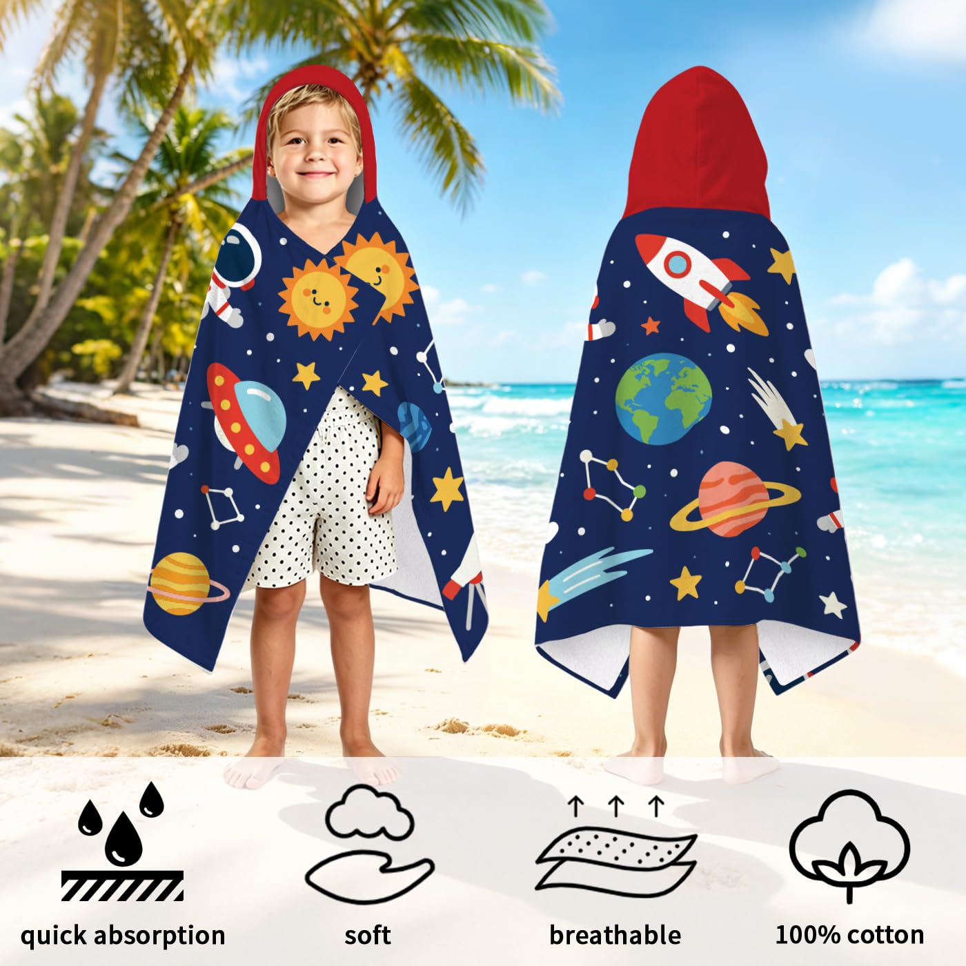 peacoblue Badeponcho Kinder Kapuzenhandtuch Astronaut Und Planeten | Mikrofaser Kapuzenhandtuch 76x127cm für Kinder 2-8 Jahre, Schnell trocknend für Strand, Pool und Schwimmen