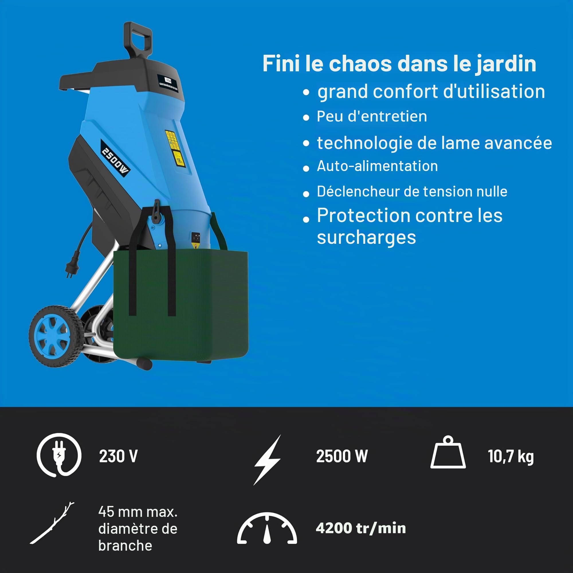 Güde 94372 GH 2501 Hachoir de jardin avec bras de suspension automatique 45 l, Bleu