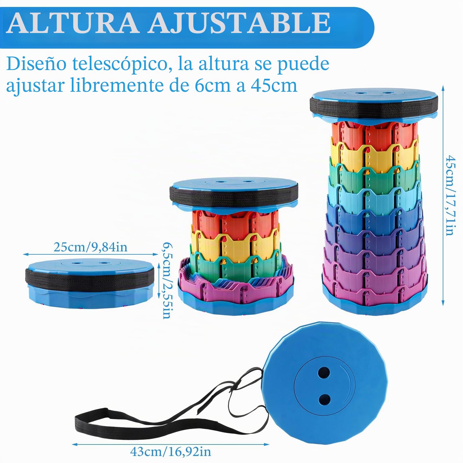 2 Piezas Taburete Plegable Redondo, Taburete telescópico Plegable Ajustable de 6 a 45 cm con Correa, Carga hasta 200 kg para Camping, Pesca y Viajes Multicolor