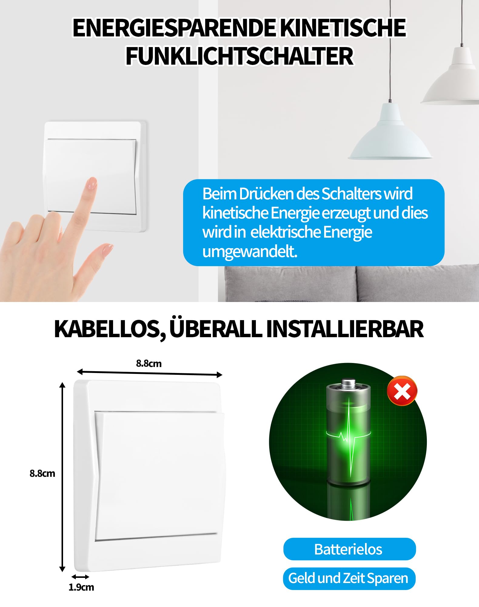 2 Funklichtschalter Ohne Batterie LAOYE 2 Funkschalter mit 1 Empfänger Batterieoser Funk-Wandschalter Keine Verkabelung 2 Lichtschalter mit 10A Empfänger Wireless Lichtschalter Fernbedienung bis 50m