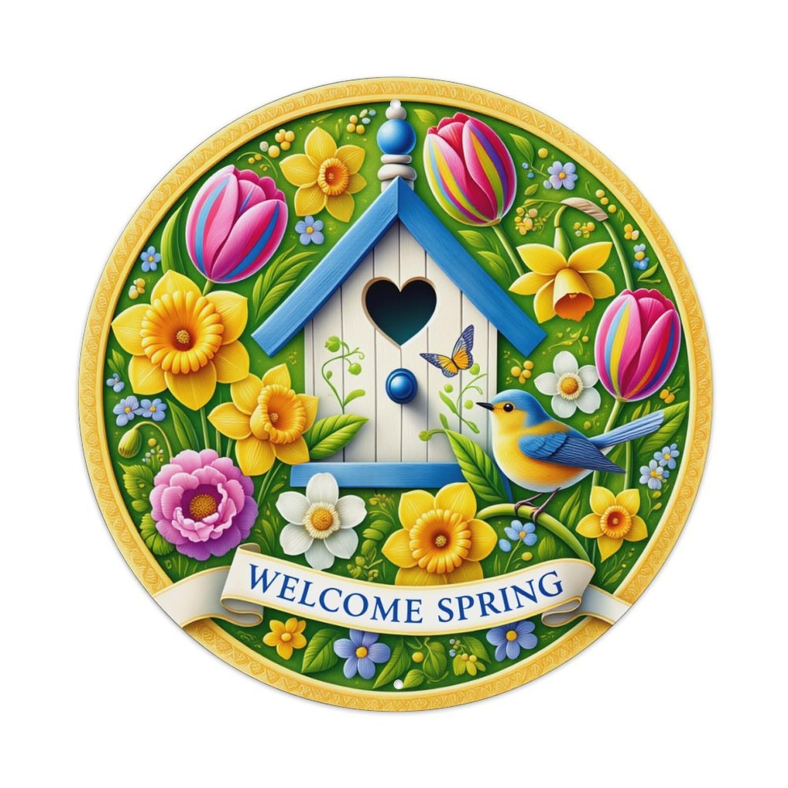 Spring Birdhouse Flowers Welcome Garden Round Tin Sign Retro Metal Sign for Cafe Bar Pub Home Game Room Gym Club Wall Decoration Vintage Metal Poster 8x8 Inch