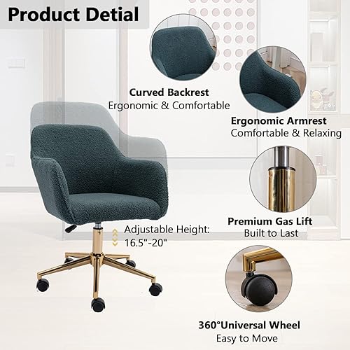 Miniatura 35 de Silla moderna de peluche para oficina en casa, bonita silla de escritorio tapizada con patas de metal dorado, silla giratoria ajustable con ruedas,