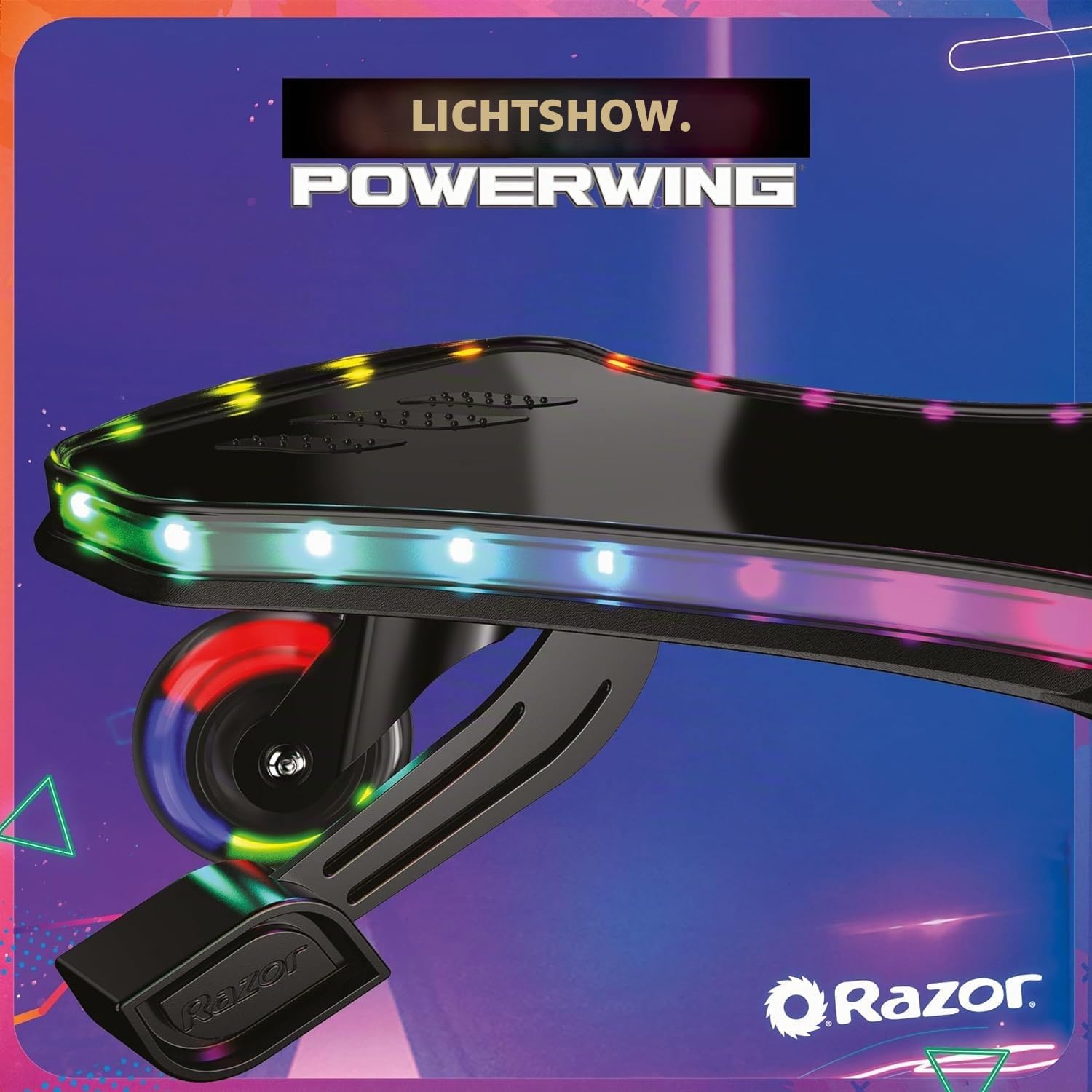 Razor Scooter für Kinder - PowerWing Lightshow für Kinder ab 6 Jahren mit 5 Lichtmodi, bewegungsaktiviertes Lichtdeck, Dreirad-Roller, Swing Scooter mit robustem Stahlrahmen - Schwarz