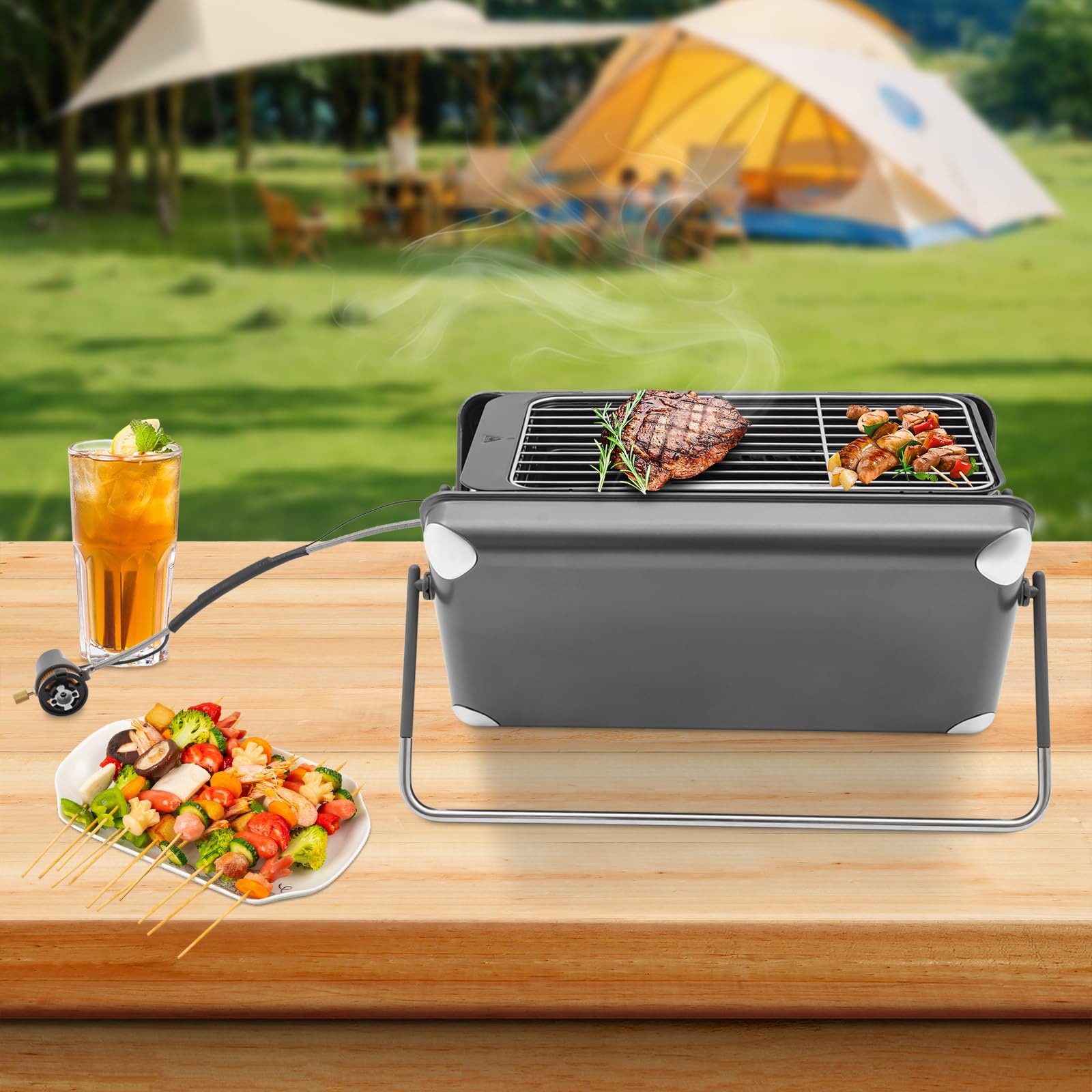 Houtskoolgrill, kleine klapgrill, dubbele grilloppervlak, BBQ grill