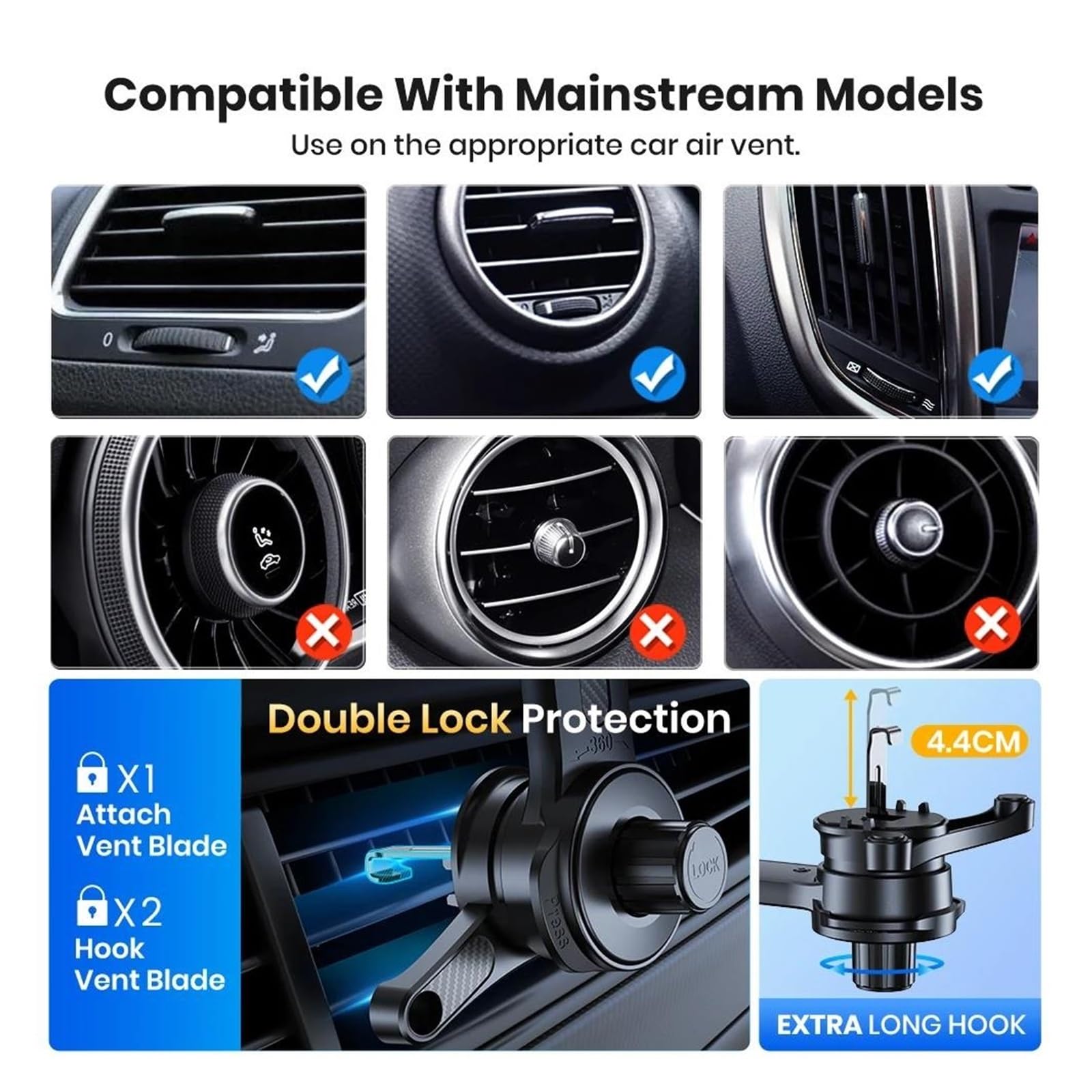 Porta Cellulare Auto Supporto per cellulare con presa d'aria per auto, gancio metallico retrattile a tre punti di supporto