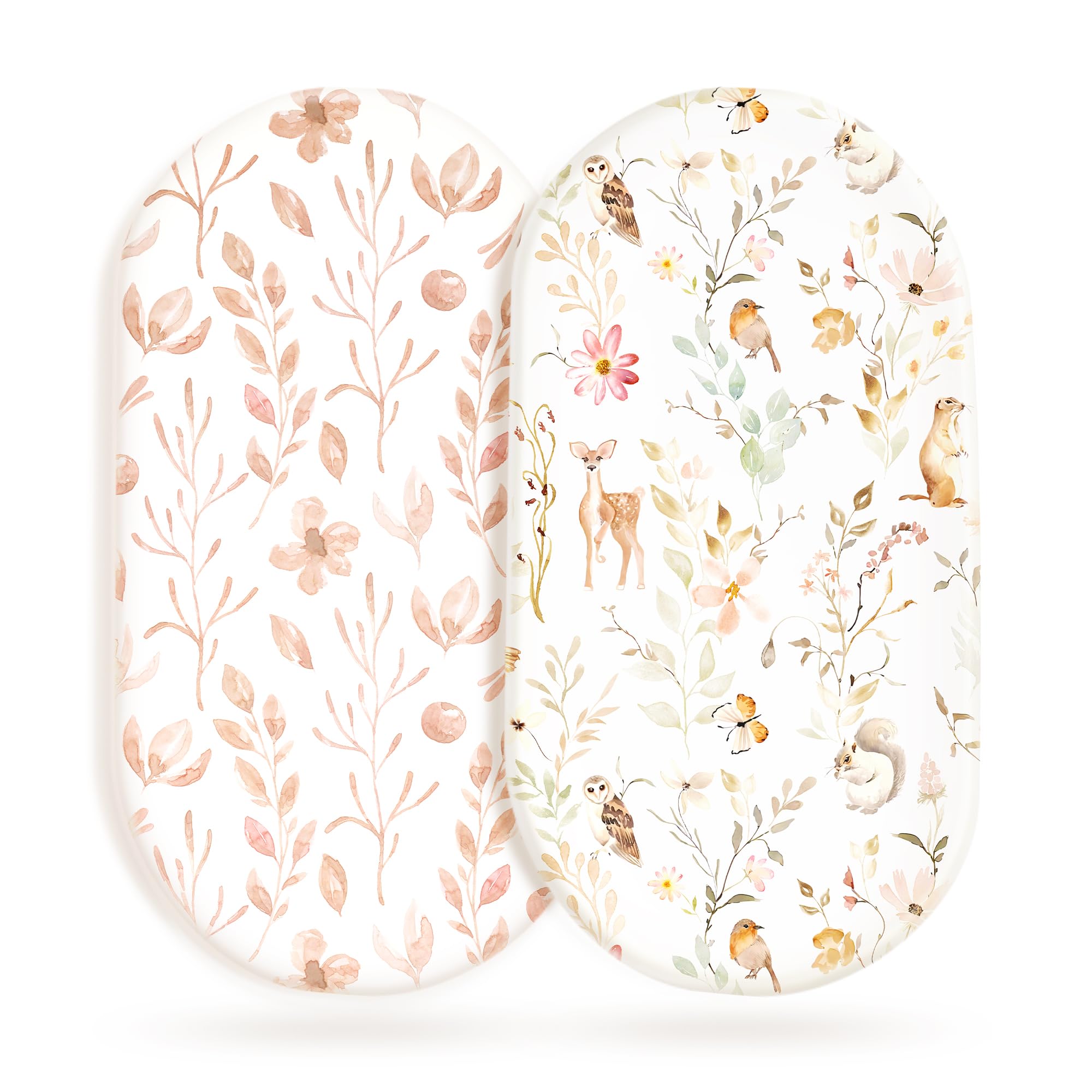 Stretchy Ultra Soft Fitted Bassinet Sheet Set 2 Pack, Universal Fit for Bassinets Baby Cradle Moses Basket Oval Rectangle Mattress Safe and Snug, Beautiful Blush Pink Floral and Cute Animals Print