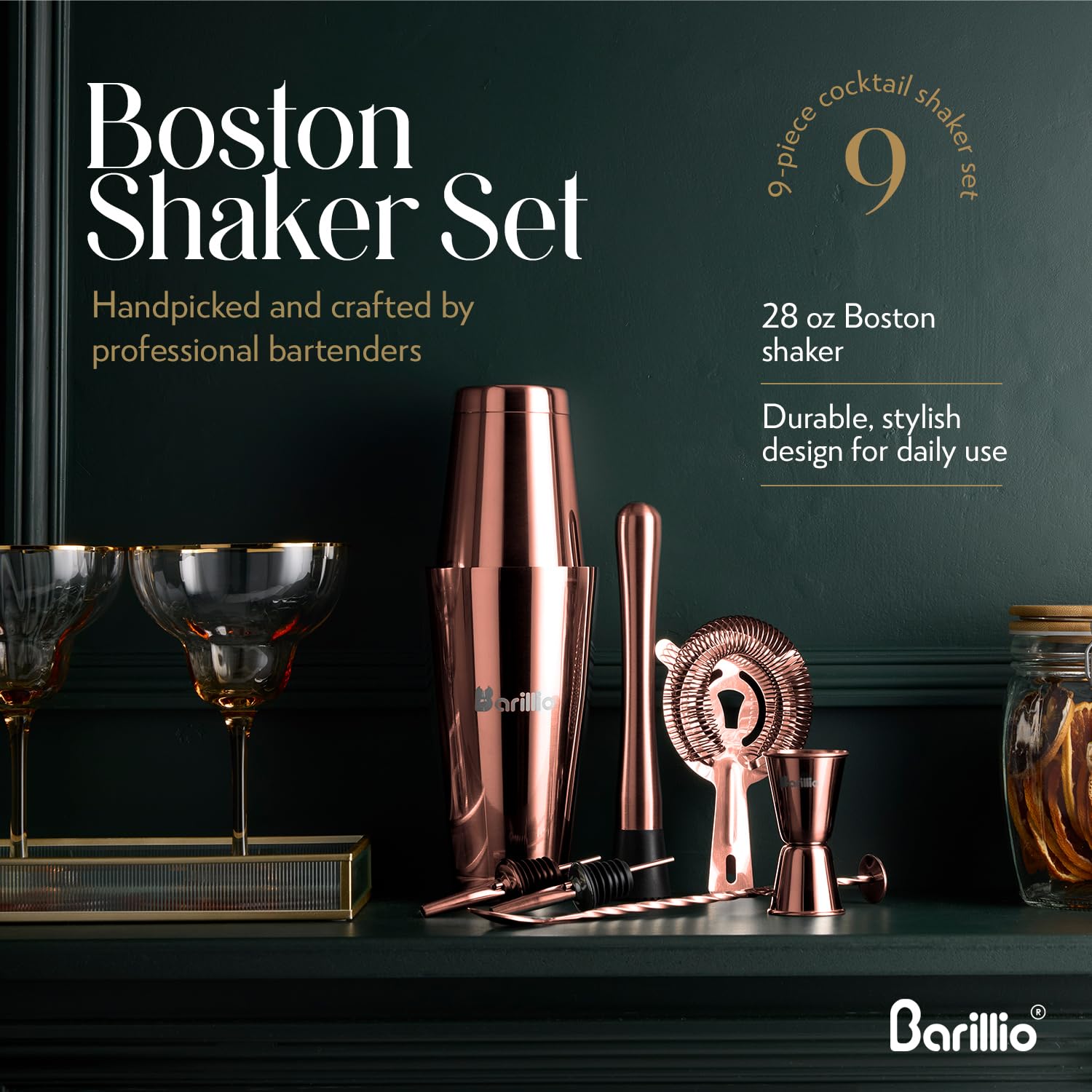 Barillio Juego de coctelera Boston de oro rosa, acero inoxidable, juego de coctelera con peso Martini con colador y mezclador, kit de barman de mixología, juego de bar para el hogar, juego de