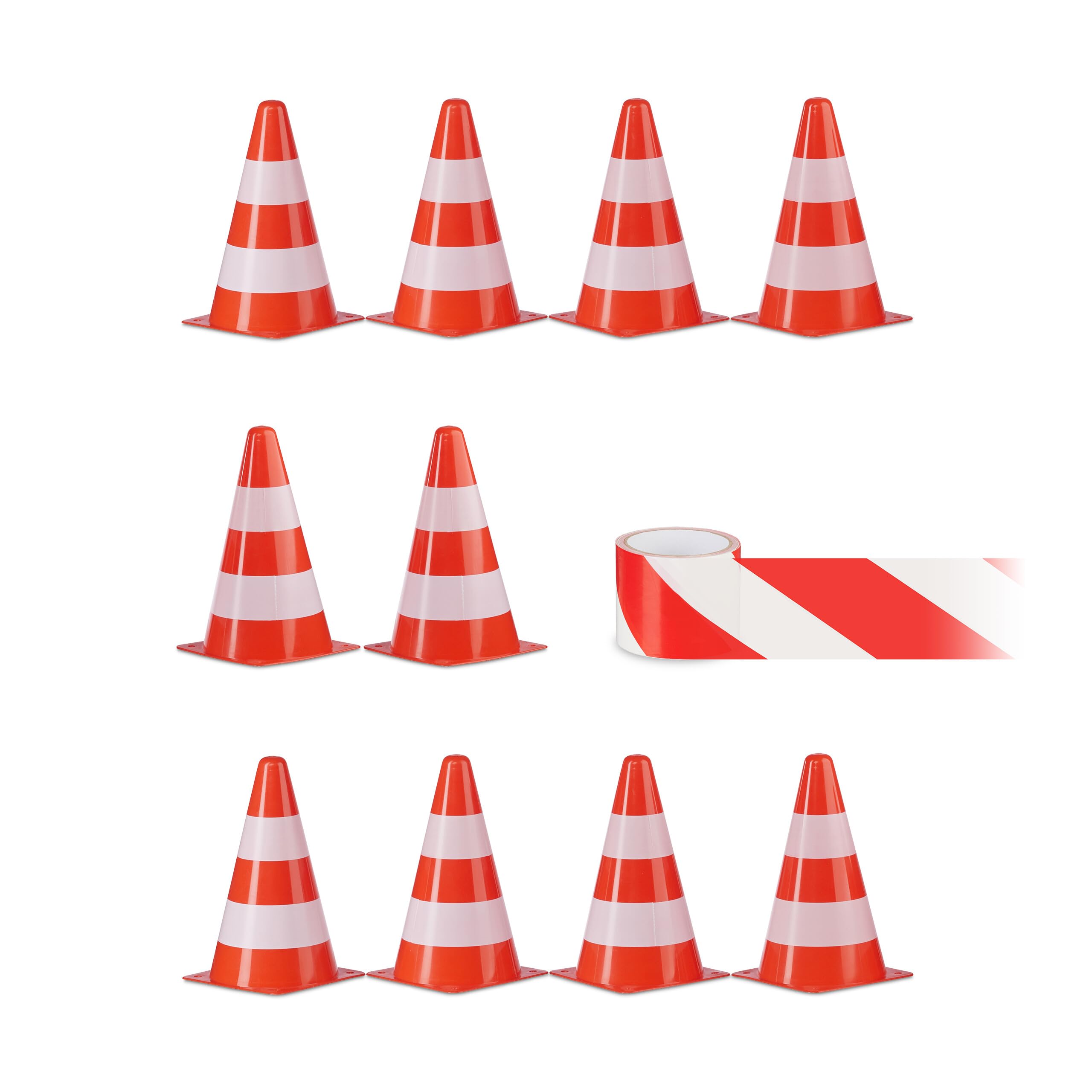 Relaxdays 10x cônes de signalisation, Plot, Sac, Ruban (Longueur : 50 mètres), Hauteur : 22,5 cm, Orange et Blanc