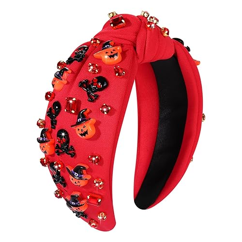 Diademas de Halloween para mujer, sombrero de bruja, diadema de calavera de calabaza, diadema de cristal adornada con nudos anchos, disfraz de