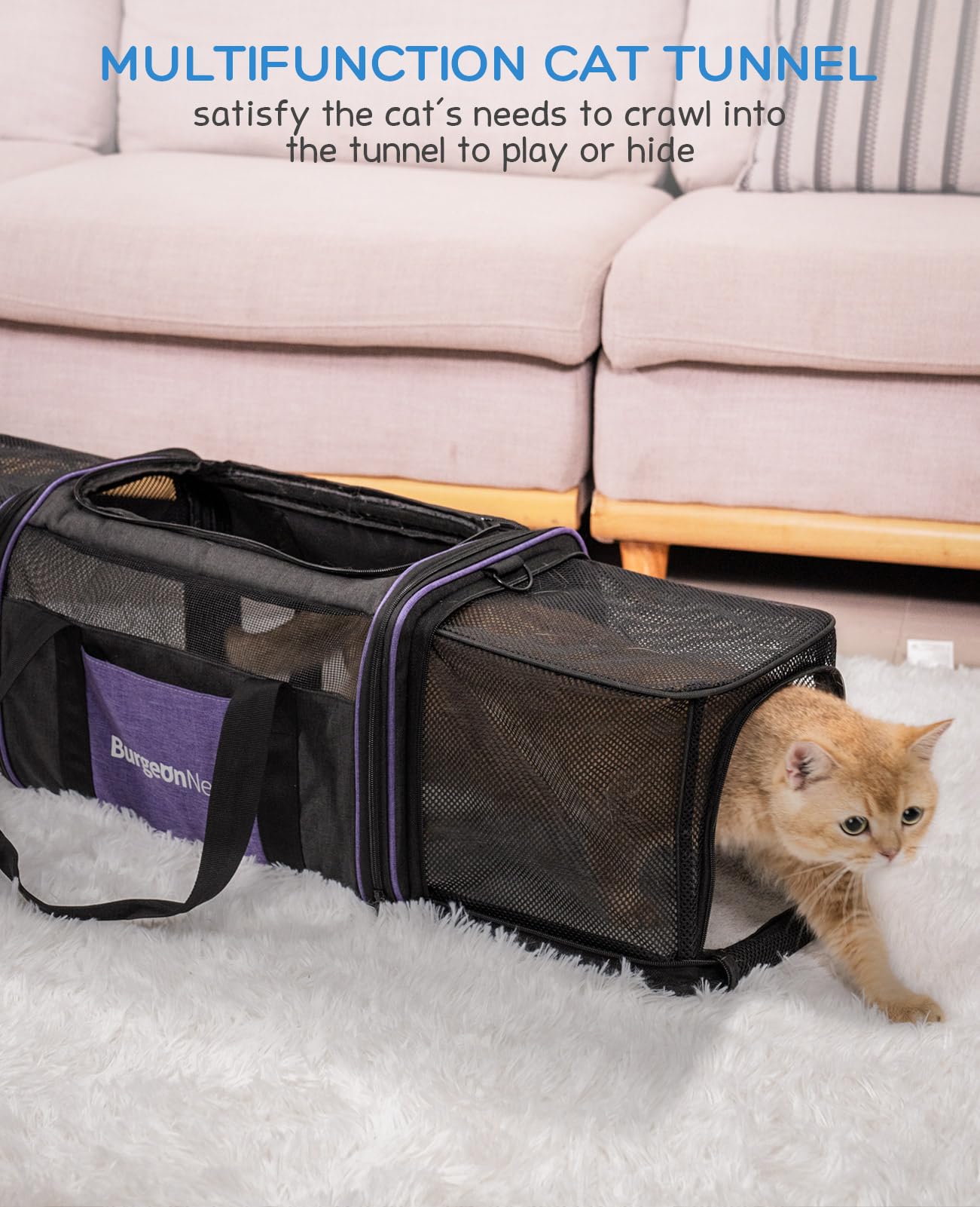 BurgeonNest Expandable Soft Cat Carrier Airline Approved, Pet Carrier Unfold to Use As a Cute Cat Tunnel, 18x11x11 inch Collapsible Cat Bag for Cats Under 20 lbs and Small Puppy Dogs
