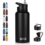 HASLE OUTFITTERS 32 oz Insulated Water Bottle Stainless Steel Double Walled Vacuum Sports Water Bottle with 2 Lids &lpar;Straw and Spout Lid&rpar; for Gym Camping Hiking&lpar;Black&comma;1&rpar;