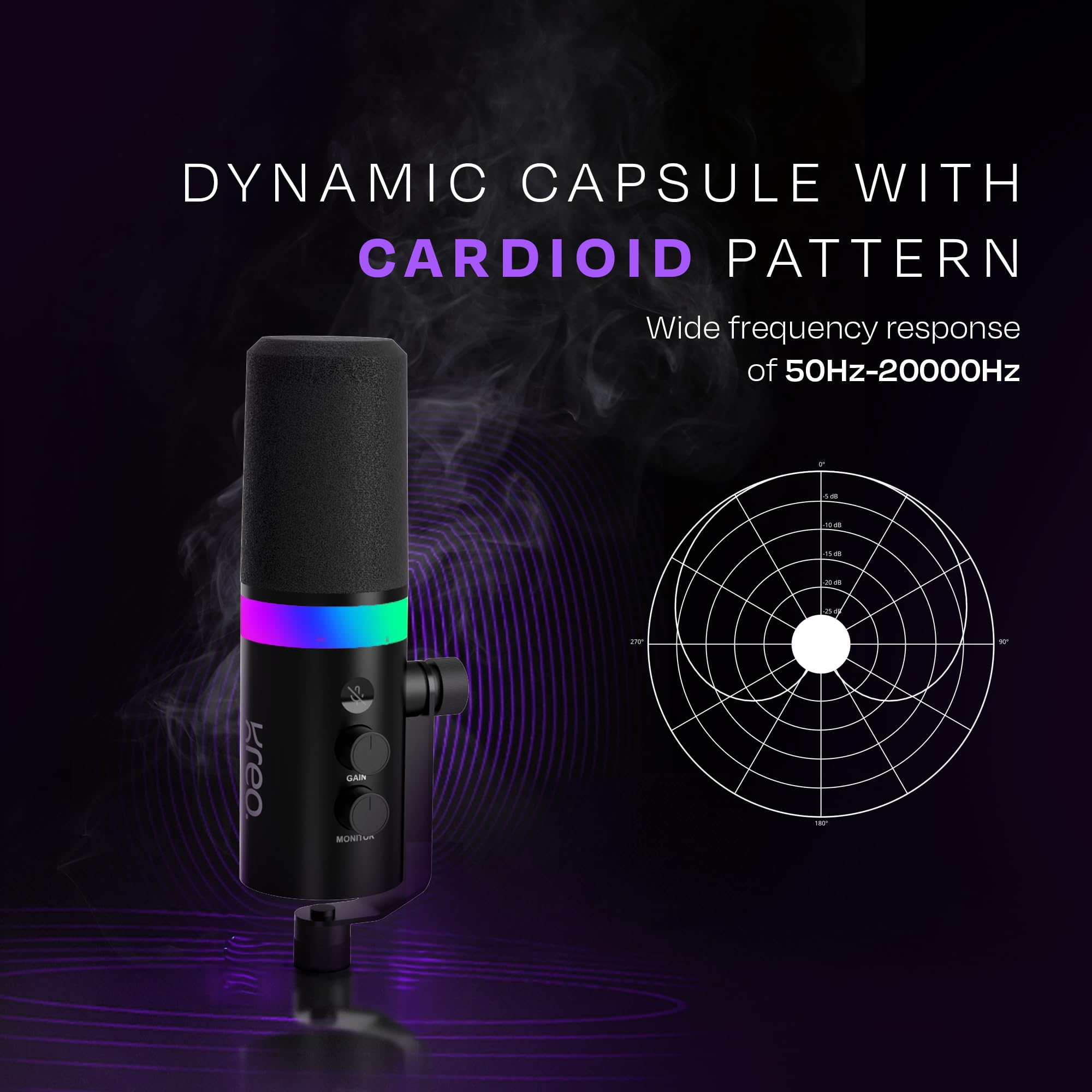 Kreo Sonik Dynamic Gaming Microphone – XLR/USB Mic with RGB Lighting, Gain & Mute Control, Desk Stand – for PC, Mobile, Console, Streaming, Podcasting, YouTube, Discord, Recording - Image 3 thumbnail