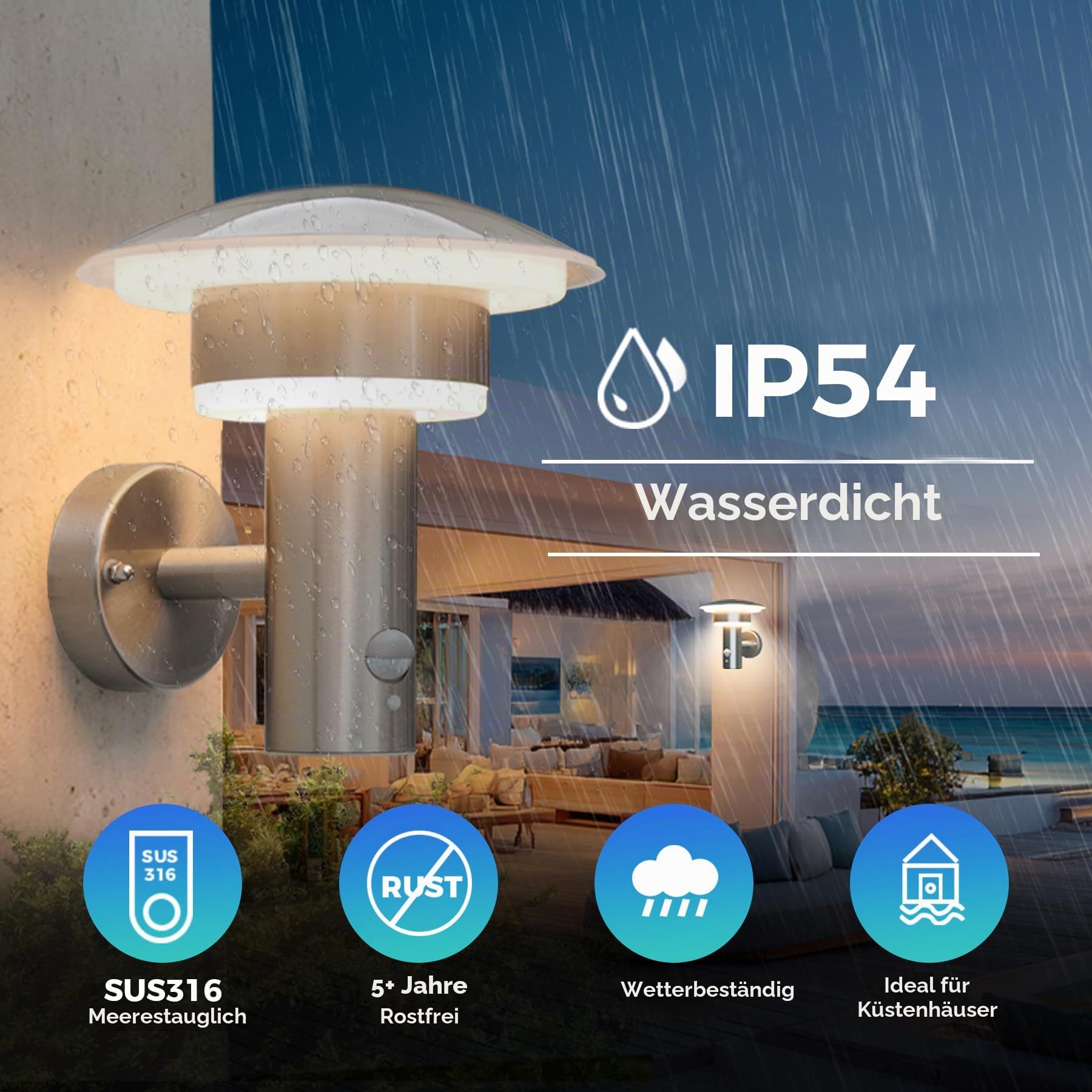 NBHANYUAN Lighting® LED 4 Modi Außenlampe mit Bewegungsmelder und Dämmerungsschalter Aussenwandleuchten Silber SUS316 Edelstahl 3000K Warmweiß Licht 220-240V 1000LM 9W IP54 (mit PIR Sensor)