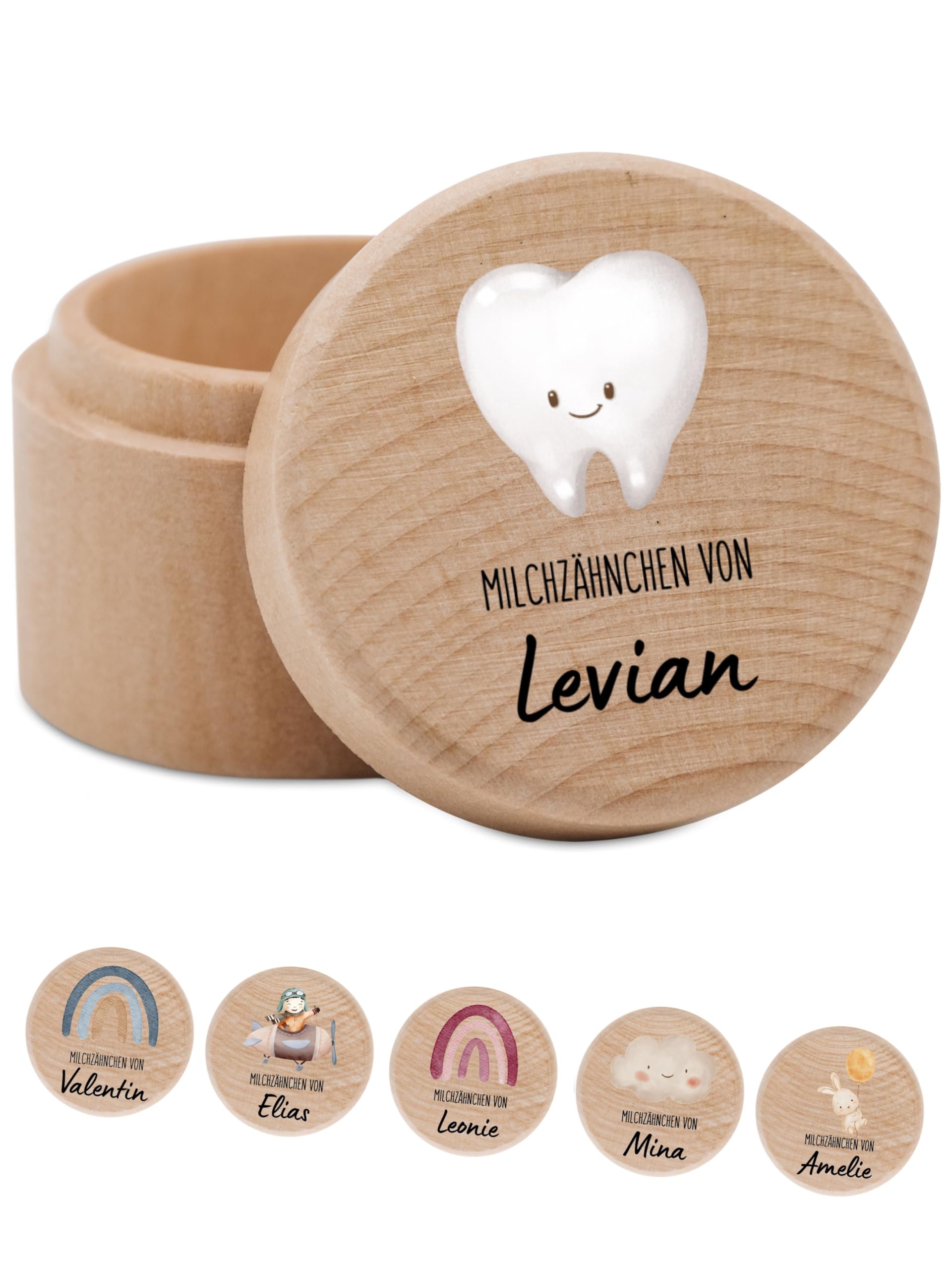 Bärenfreunde - Milchzahndose personalisiert aus Holz mit kinderfreundlichem UV-Druck - Zahndose Milchzähne als Erinnerung an die ersten Zähnchen (Zahn lächelnd)