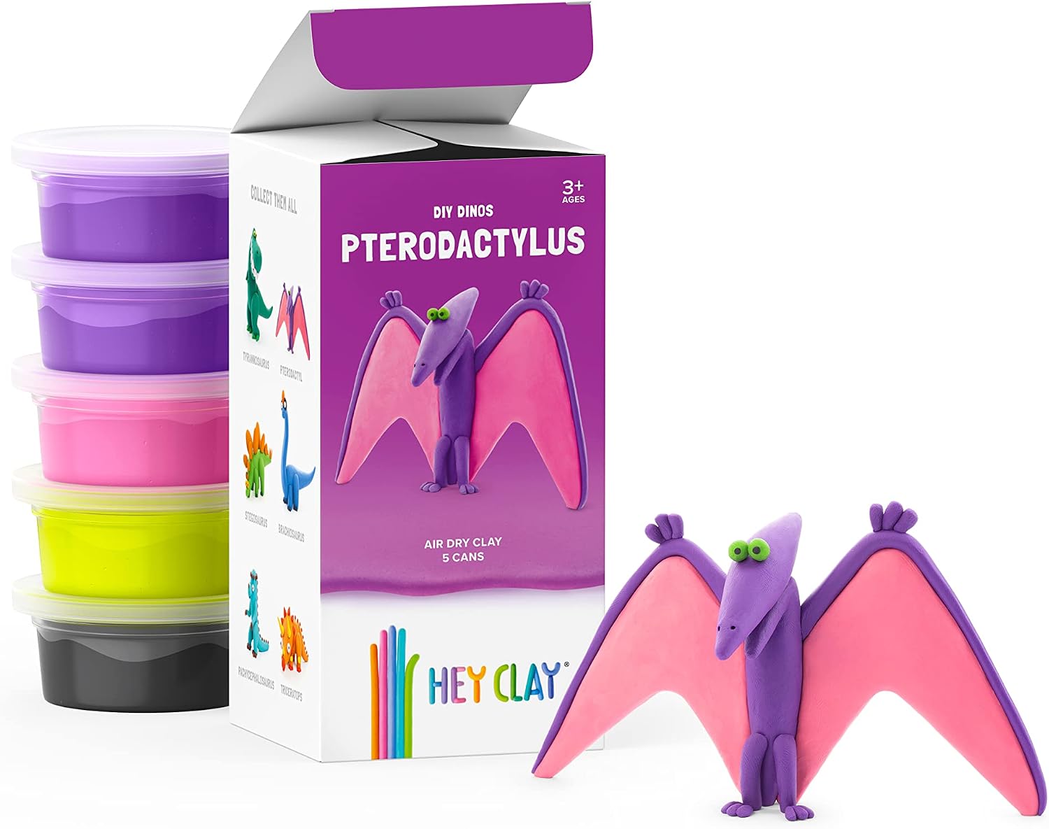 Hey Clay Dinos - Claymate Pterodactylus - Colorful Modeling Air Dry Clay for Kids - Air Dry Clay Kit 5 Cans with Fun Interactive App