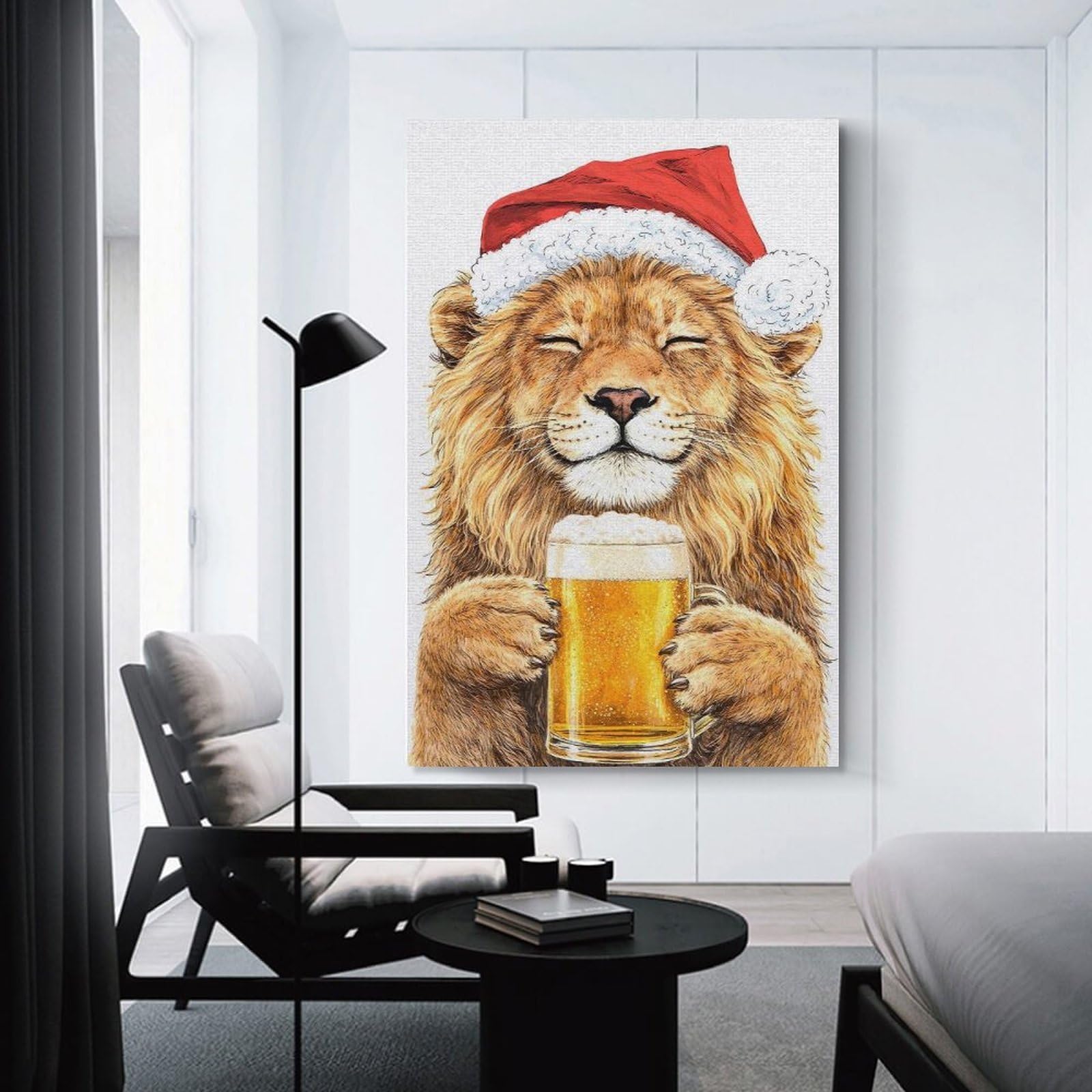 Junmoney Lion in Santa Hat with Beer Room Decor Wall Art, 24x36inch(60x90cm), for Front Hall, Corridor Or Welcome Spaces, A Neat Decor Update for Hallways