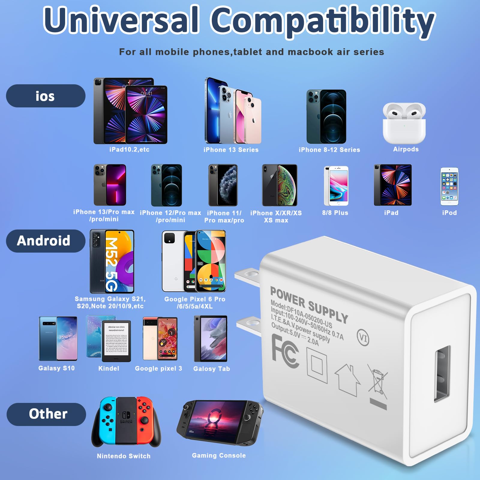 Chargeur mural USB 5 V 2 A AC Adaptateur bloc d'alimentation