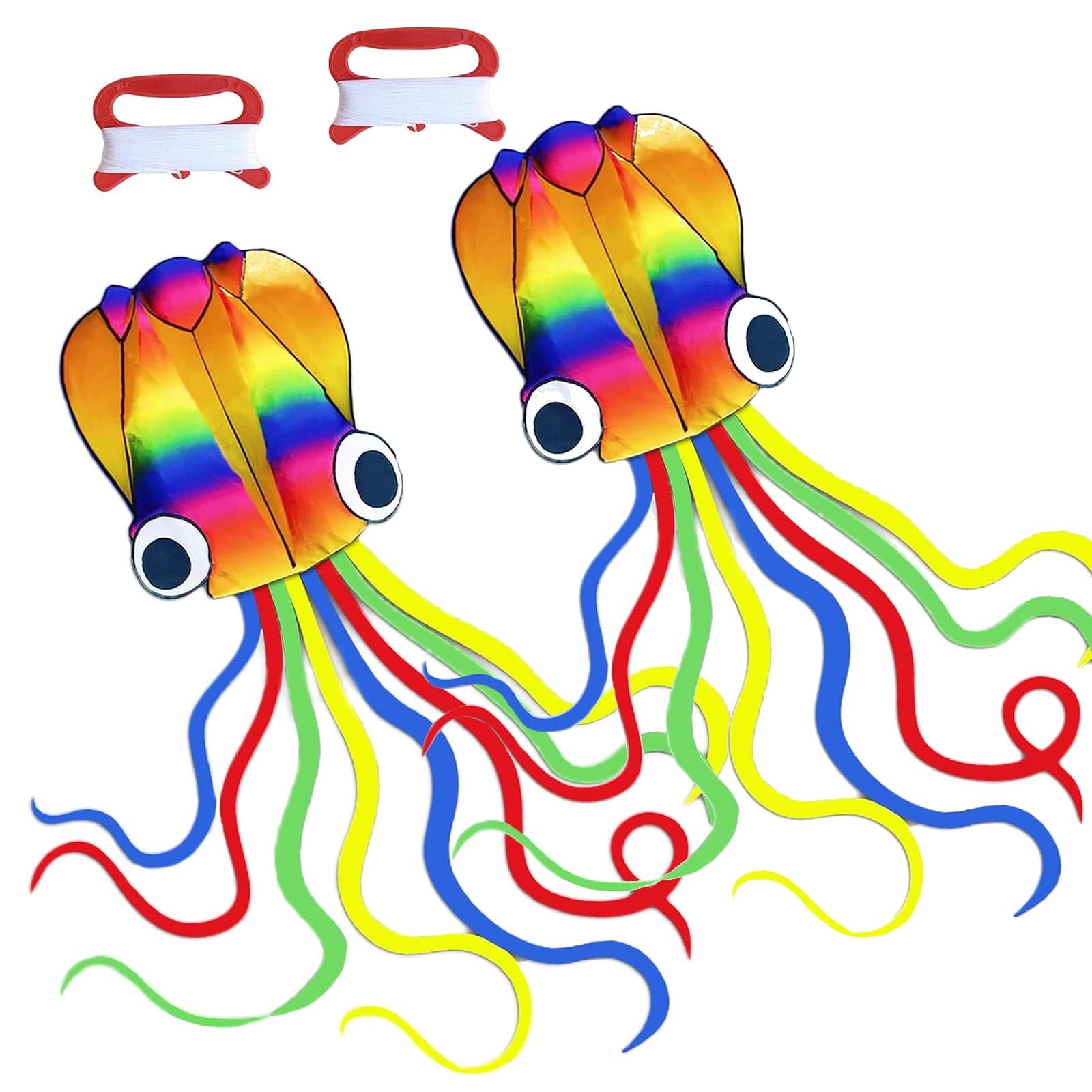 2 Pack Large Rainbow Soft Octopus Kites, Long Colorful Tail Easy to Fly Come with Handle and 100 meters Flying String, Great Gift to Boys Girls for Kids Adults Outdoor Activities Beach Park Trip