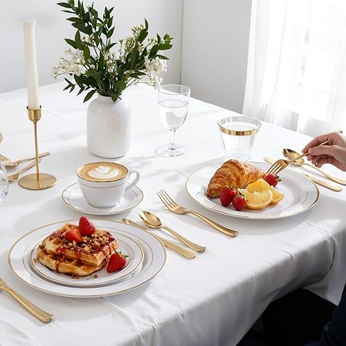 Miniatura 7 de Juego de vajilla dorada de 350 piezas para 50 invitados, platos de plástico dorado con cubiertos desechables que incluyen 50 platos de cena, 50