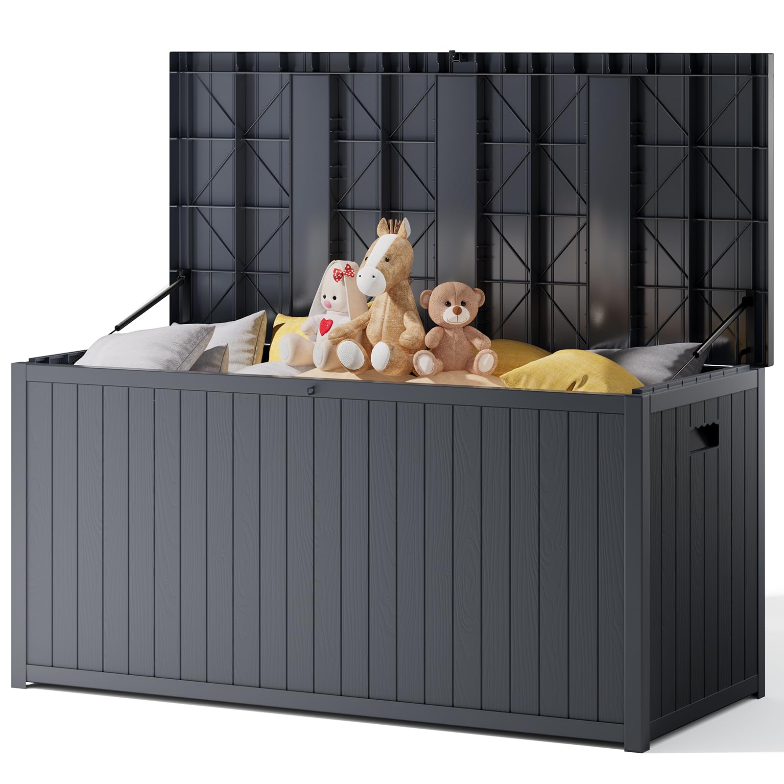 The Fellie 430L Garden Storage Box, Lockable Outdoor Storage Boxes Waterproof, Large Plastic Garden Storage Box for Garden Tools, Cushions Toys, 125x56x61.5 cm, Grey