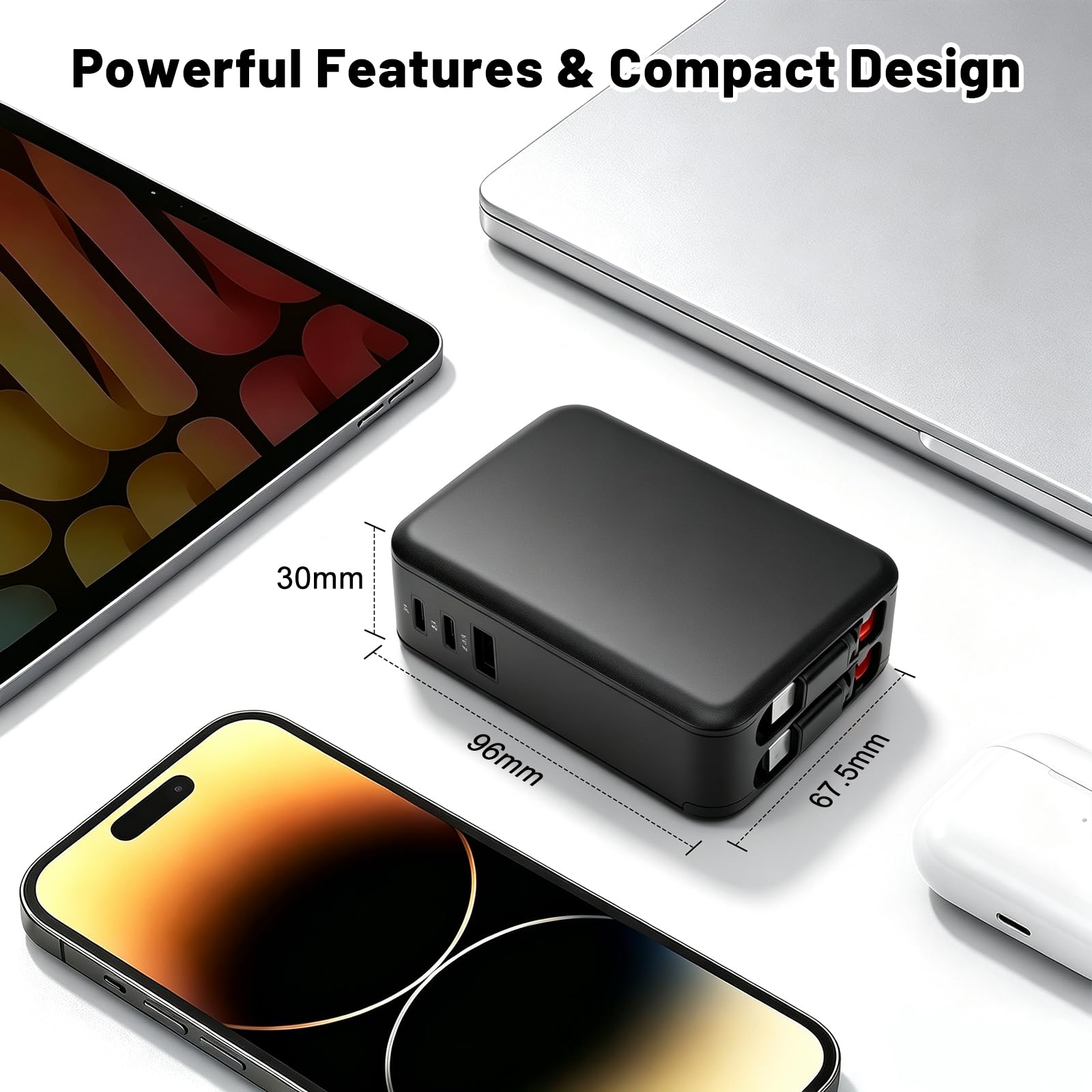GaN - Caricatore rapido retrattile 5 in 1, 65 W, doppio tipo C, cavo di ricarica retrattile con 3 porte, 2 USB C e 1 USB A, cavo di ricarica estensibile per MacBook, iPhone, Galaxy, iPad