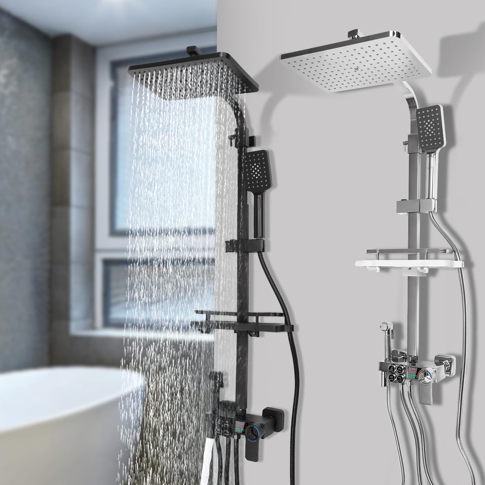 System prysznicowy, czarny, podtynkowy, 29 cm, deszczownica z termostatem LCD, 4 tryby, regulacja wysokości 73-116 cm, armatura prysznicowa, kompletny zestaw, elastyczny, silikonowe wyloty