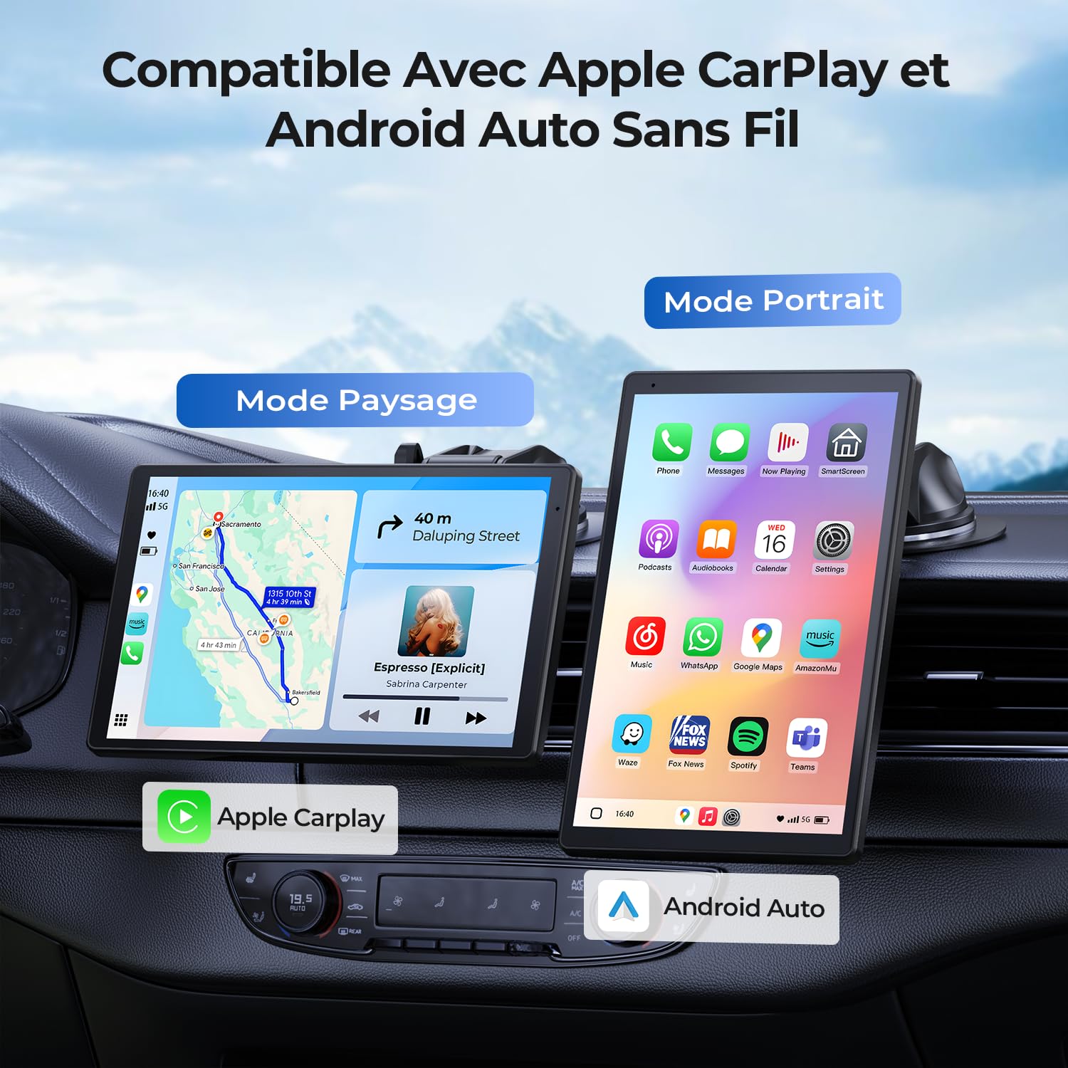 Écran Portable 8'' pour Apple CarPlay & Android Auto, Affichage HD 1440x900, Support Magnétique, Mises à Jour OTA, Modes Portrait et Paysage, Caméra de Recul, Bluetooth, Contrôle Vocal, Navigat