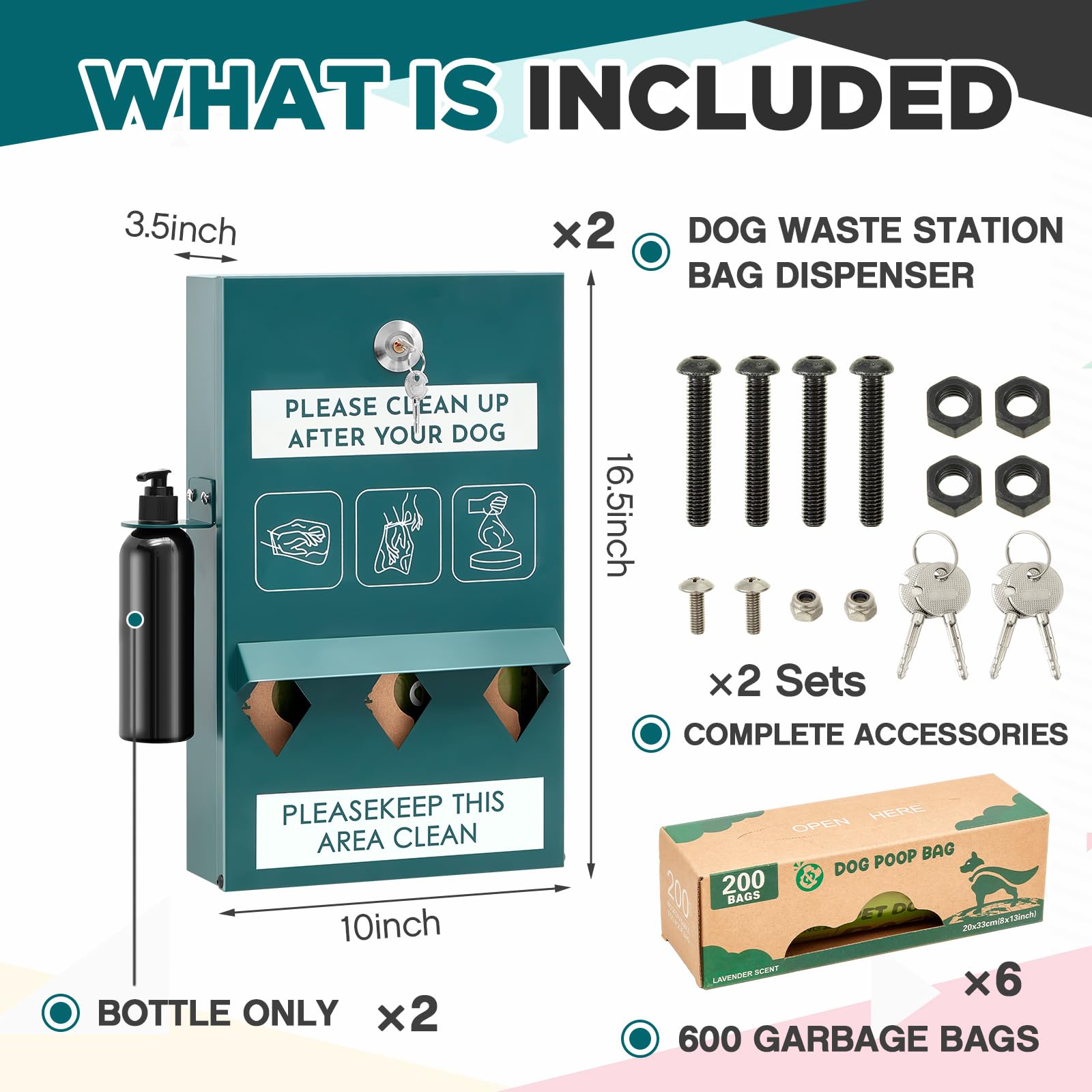 Abbylike Set di 2 dispenser per sacchetti per cani da esterno con sacchetti per cani e bottiglia disinfettante per le mani, stazione di cacca per cani verde, contenitore per rifiuti di cani da parete