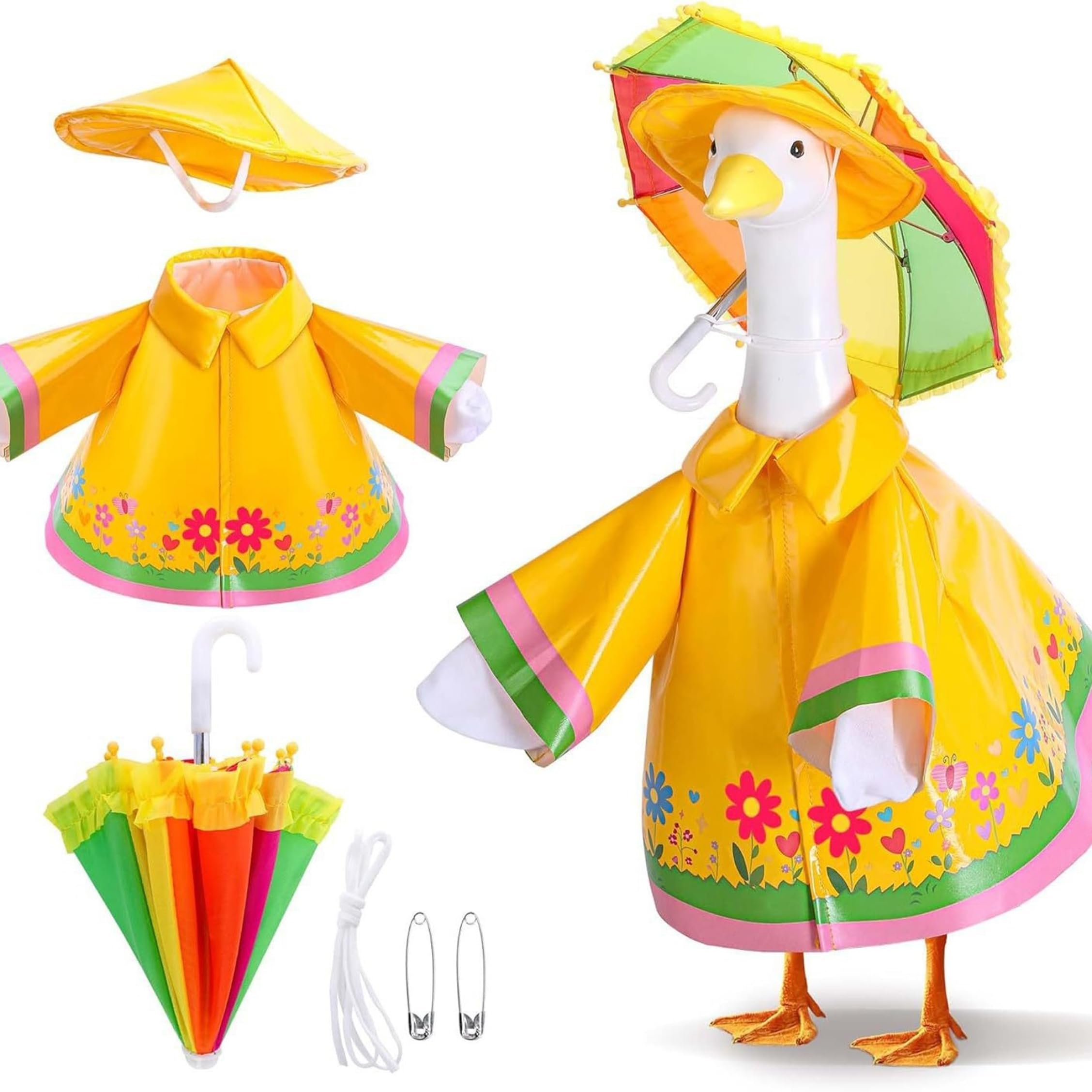 Vervevum 1 Set Goose Outfit, Adorable Waterproof Goose Statue Outfits with Printed Raincoat, Hat & Umbrella, Geese Clothes for Front Door Yard Garden, Outfit