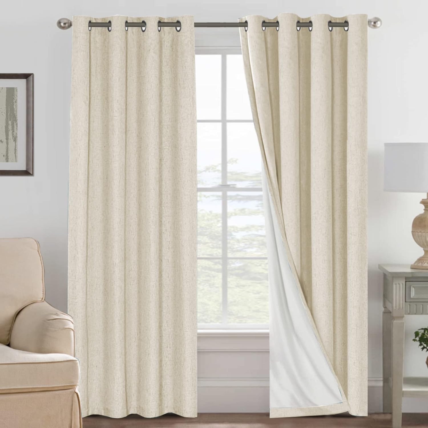 H.VERSAILTEX Linen Curtains 100% Blackout Curtains for Bedroom 102 inch Long Full Light Blocking Nature Linen Blended Window Curtains for Living Room Nickel Grommet (2 Panels, Bleached Sand)